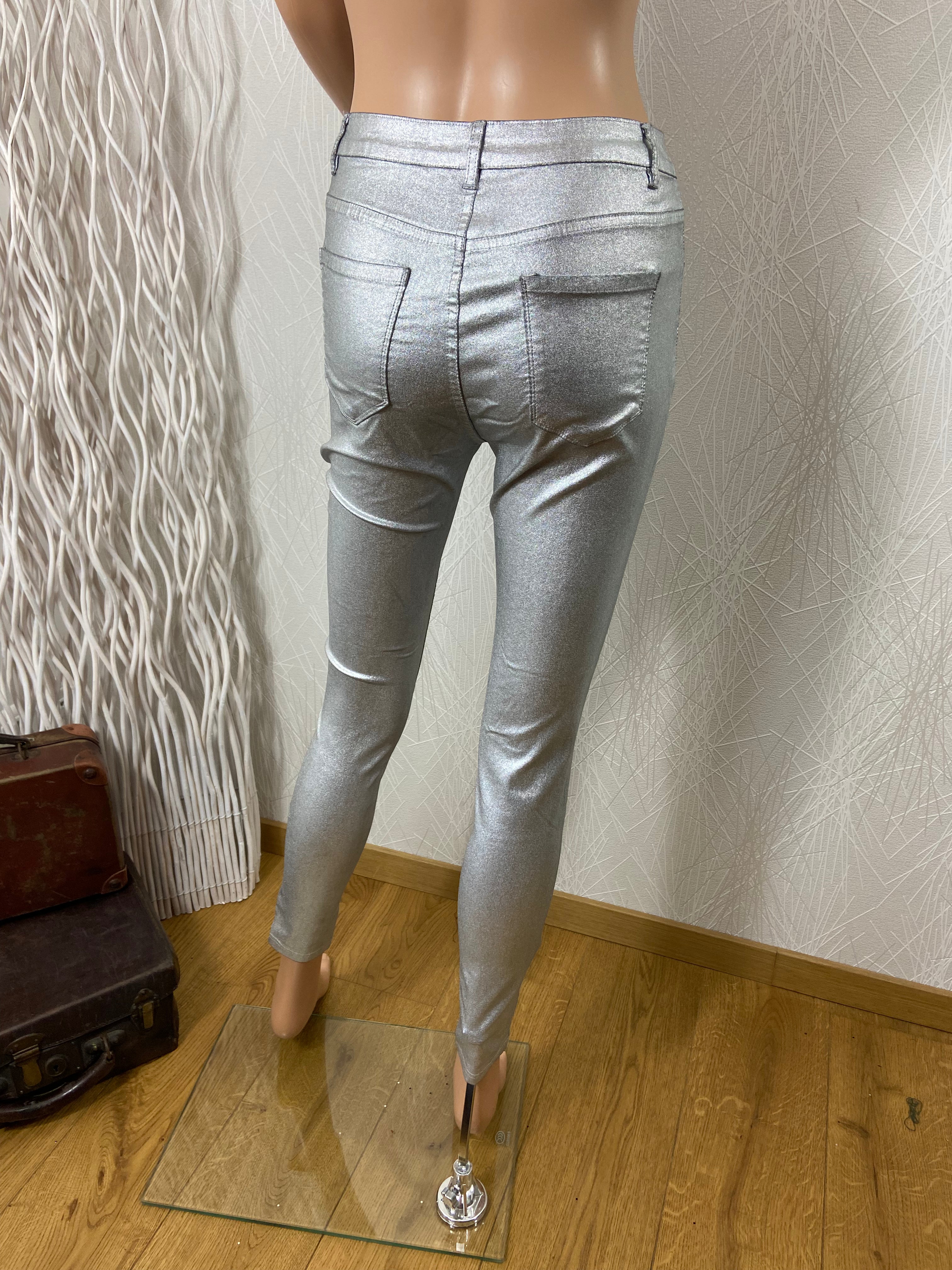 Pantalon coupe slim stretch couleur argenté Laulia denim - Offre-Unique