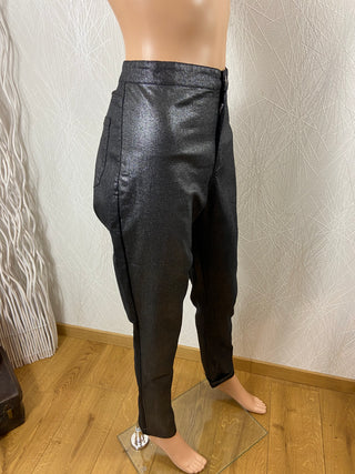 Pantalon noir argent taille haute coupe droite V Code