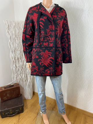 Manteau long fleuri rouge et noir Damart 