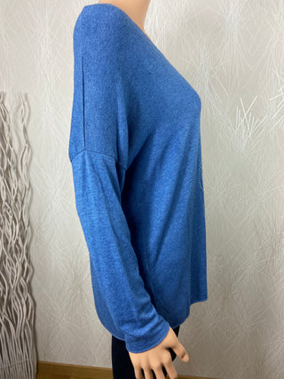 Pull fin chaud laine angora bleu motif flot Made In Italy