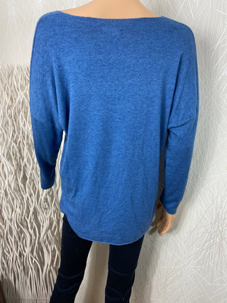 Pull fin chaud laine angora bleu motif flot Made In Italy