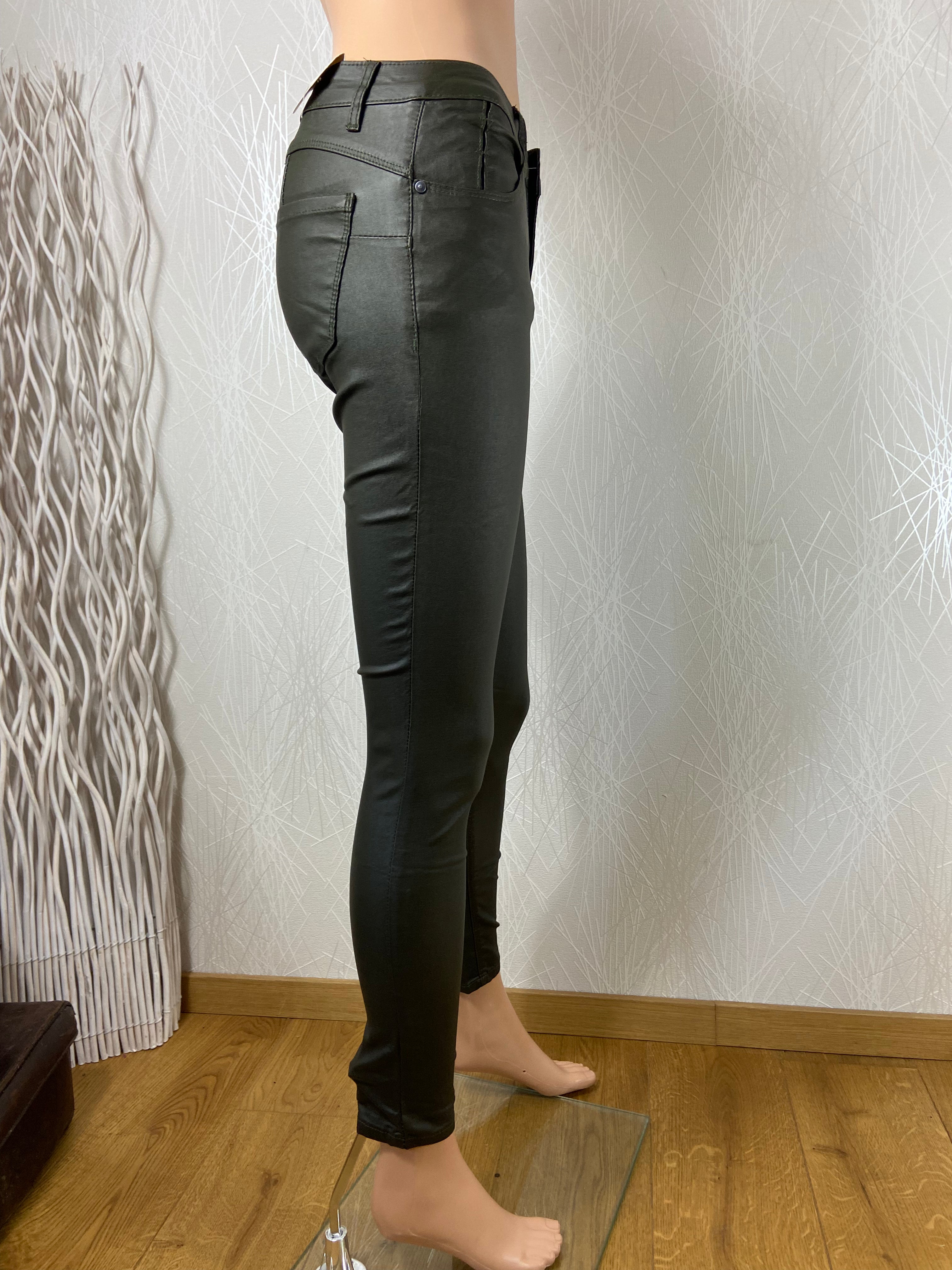 Pantalon coton enduit stretch kaki skinny push up Cindy H - Offre-Unique