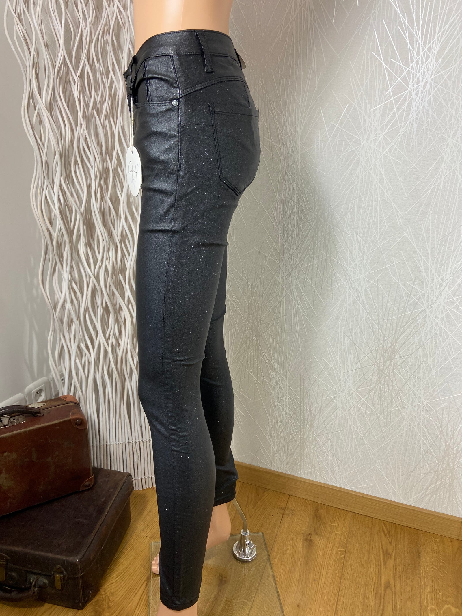 Pantalon coton enduit noir pailletté skinny push up Cindy H