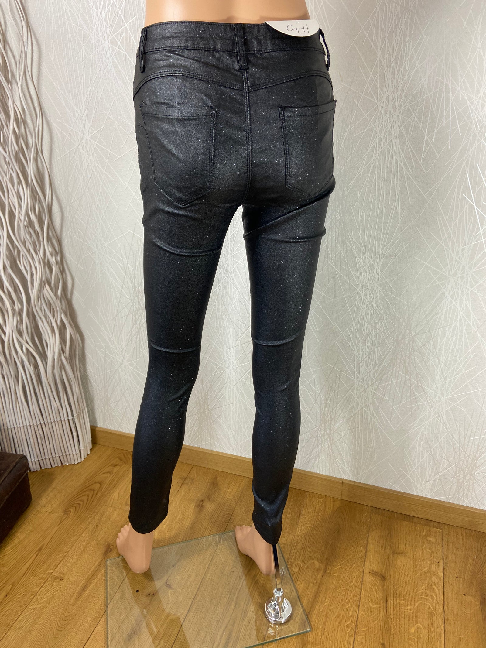 Pantalon coton enduit noir pailletté skinny push up Cindy H