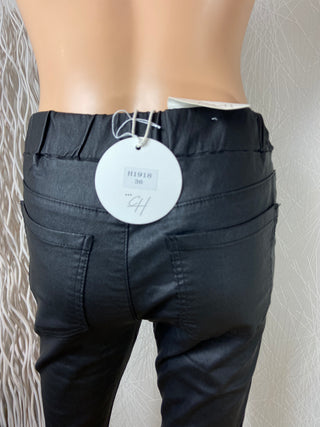 Pantalon coton noir coupe slim enduit taille élastique Cindy H