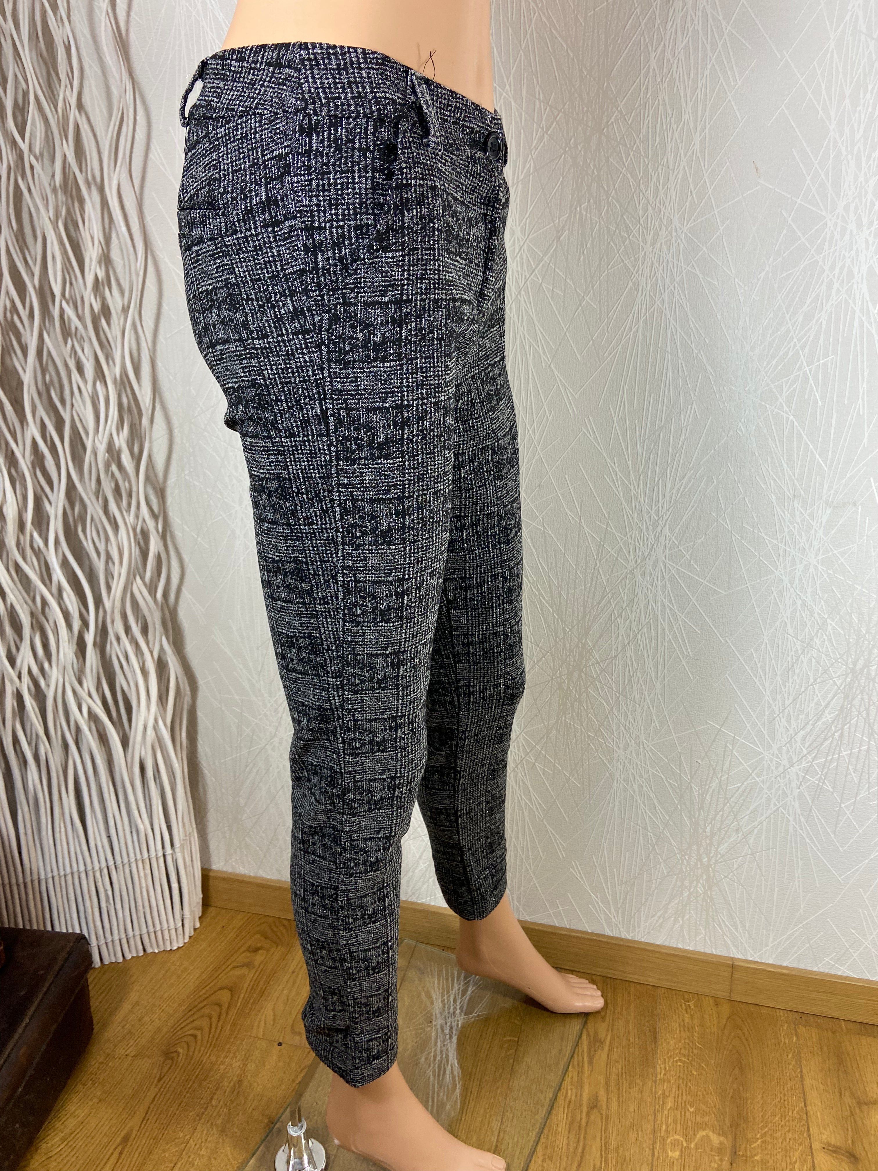 Pantalon stretch noir style écossais gris fils argentés Made In Italy - Offre-Unique