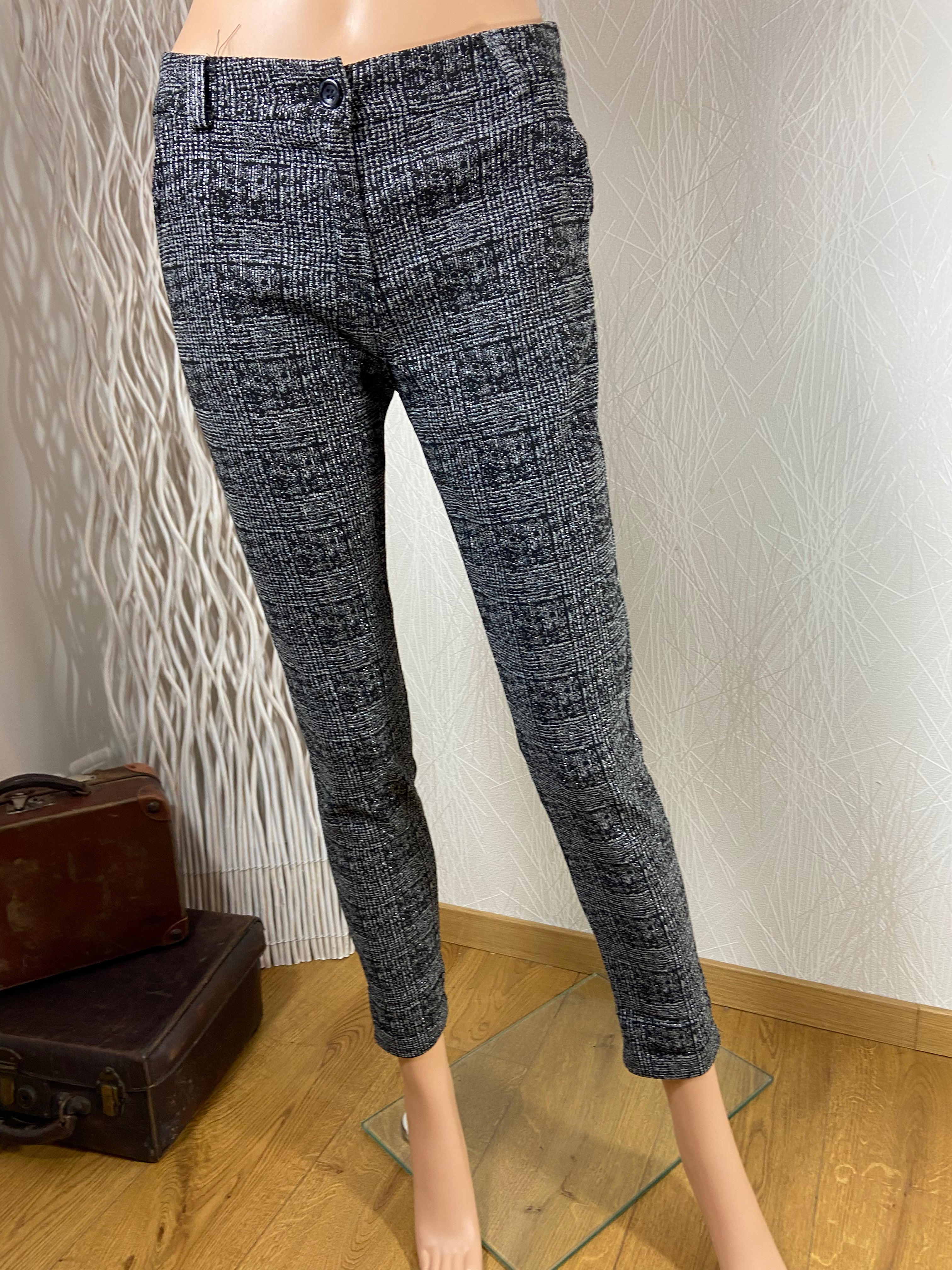 Pantalon stretch noir style écossais gris fils argentés Made In Italy - Offre-Unique