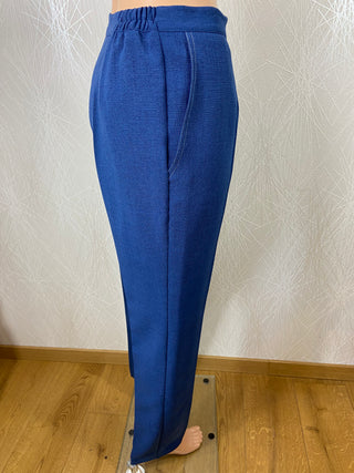 Pantalon bleu chiné femme taille mi-haute élastique coupe droite Gévana