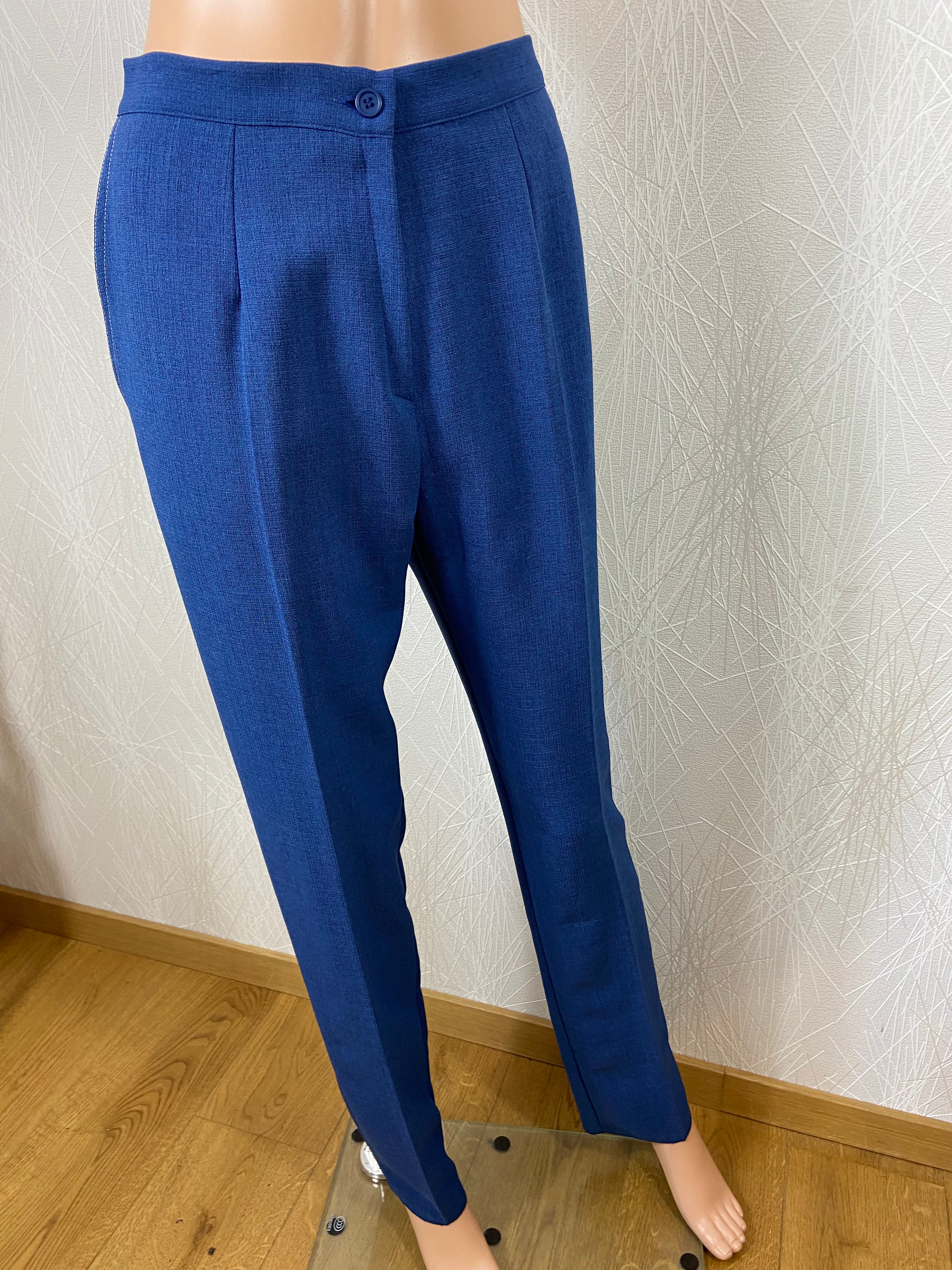 Pantalon bleu chiné femme taille mi-haute élastique coupe droite Gévana