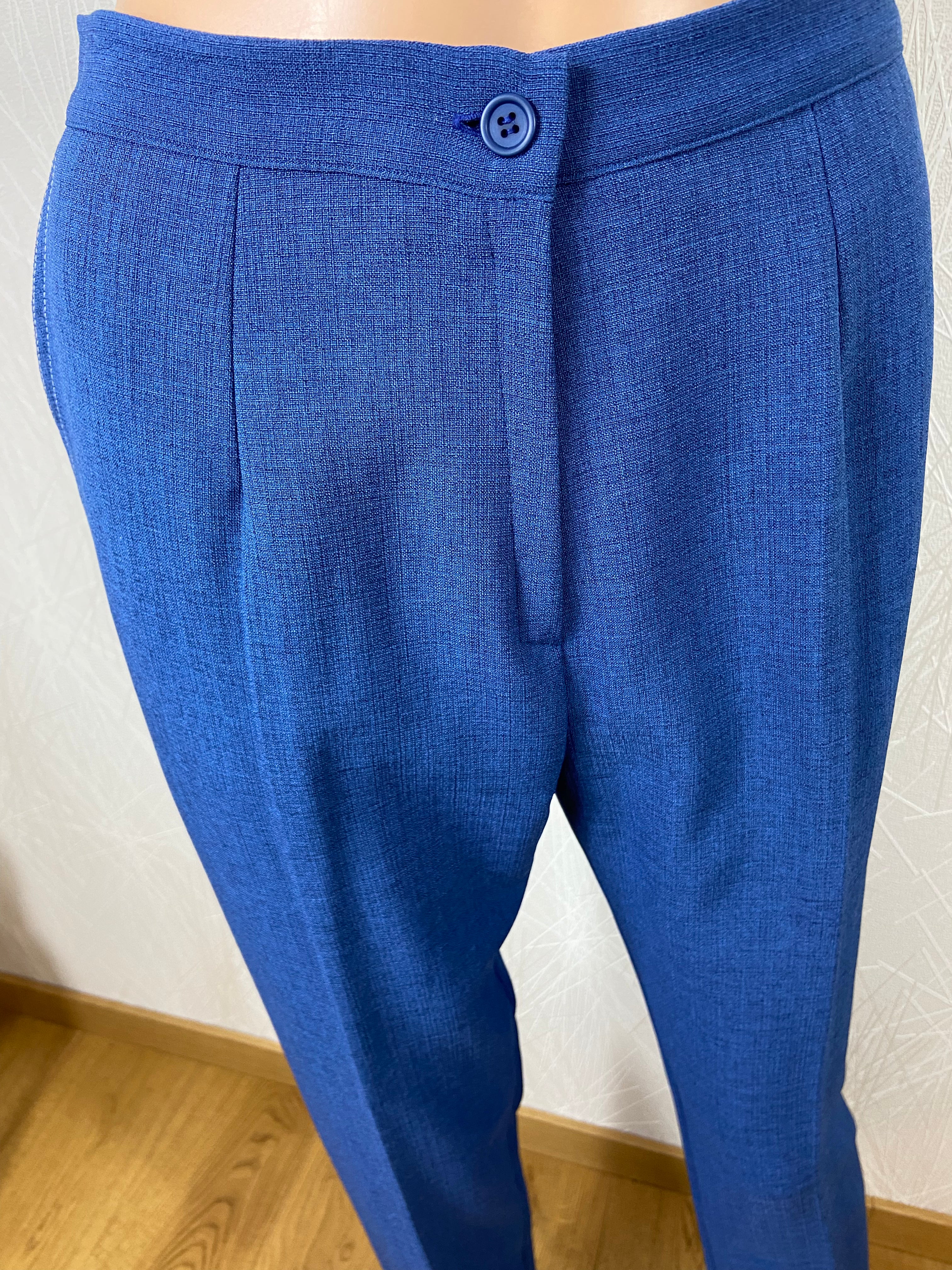 Pantalon bleu chiné femme taille mi-haute élastique coupe droite Gévana