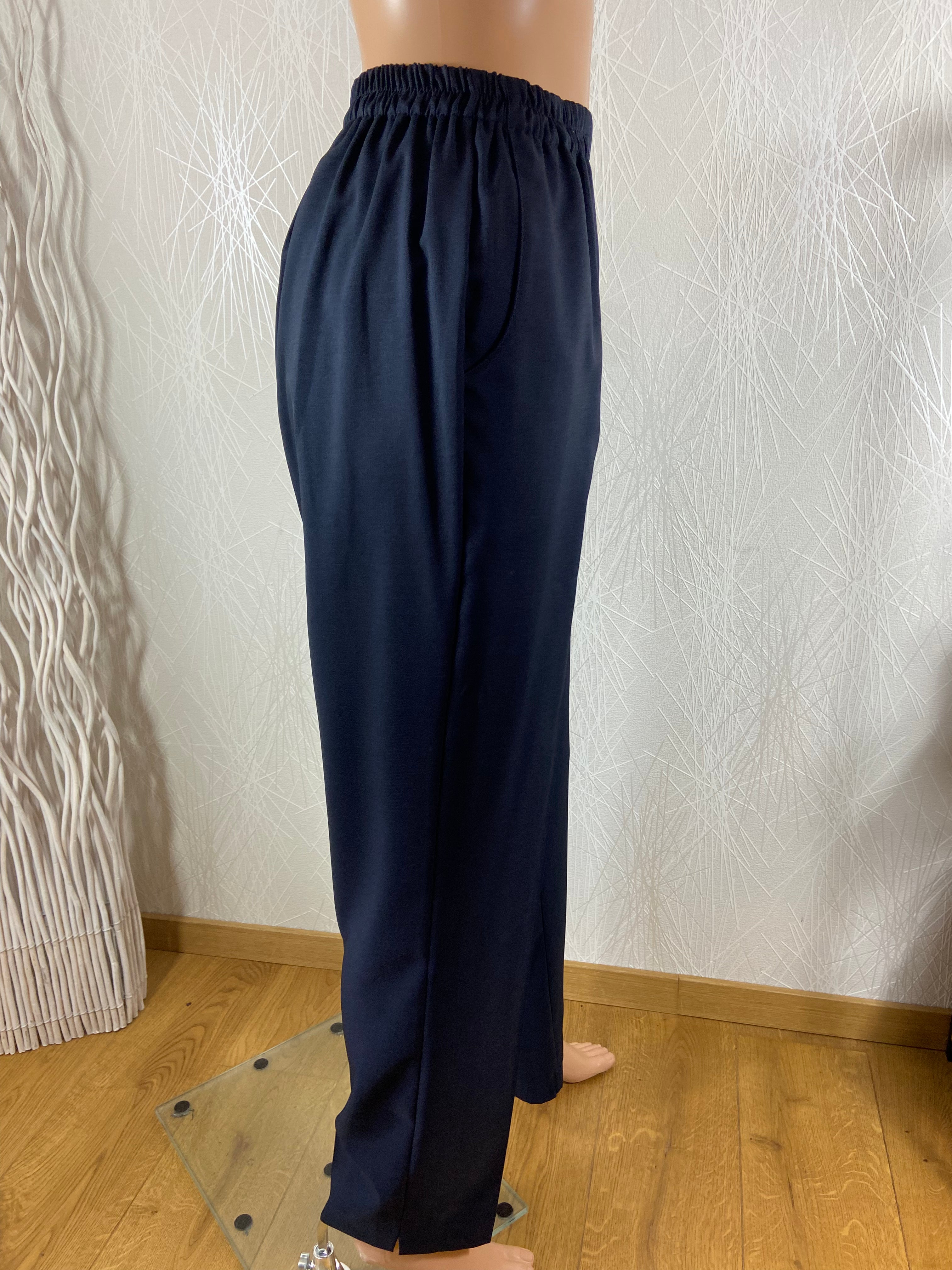 Pantalon habillé bleu marine taille haute élastique fabrication française Gévana