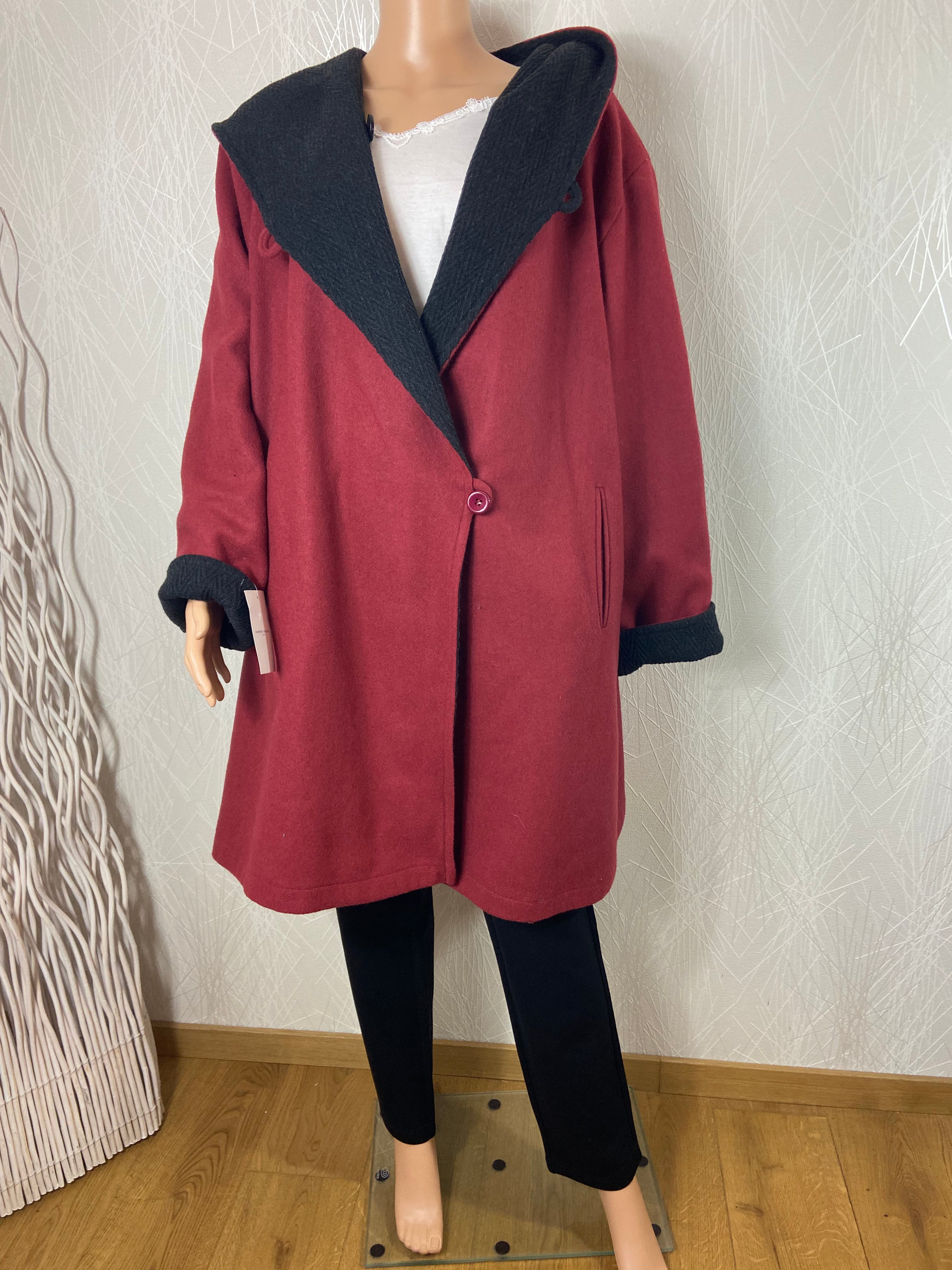 Manteau chaud laine capuche réversible rouge bordeaux ou noir grande taille Edmond Boublil