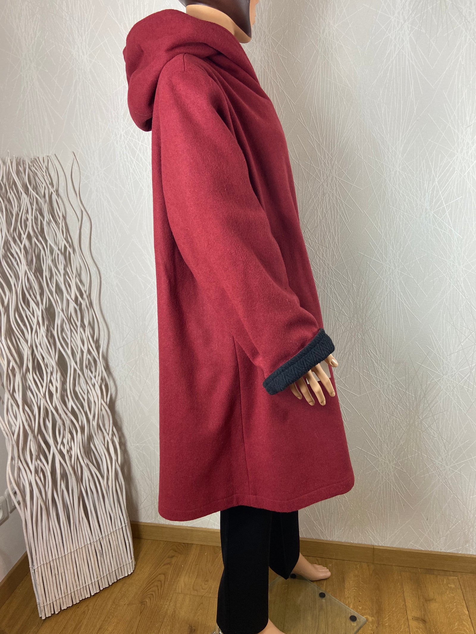 Manteau chaud laine capuche réversible rouge bordeaux ou noir grande taille Edmond Boublil