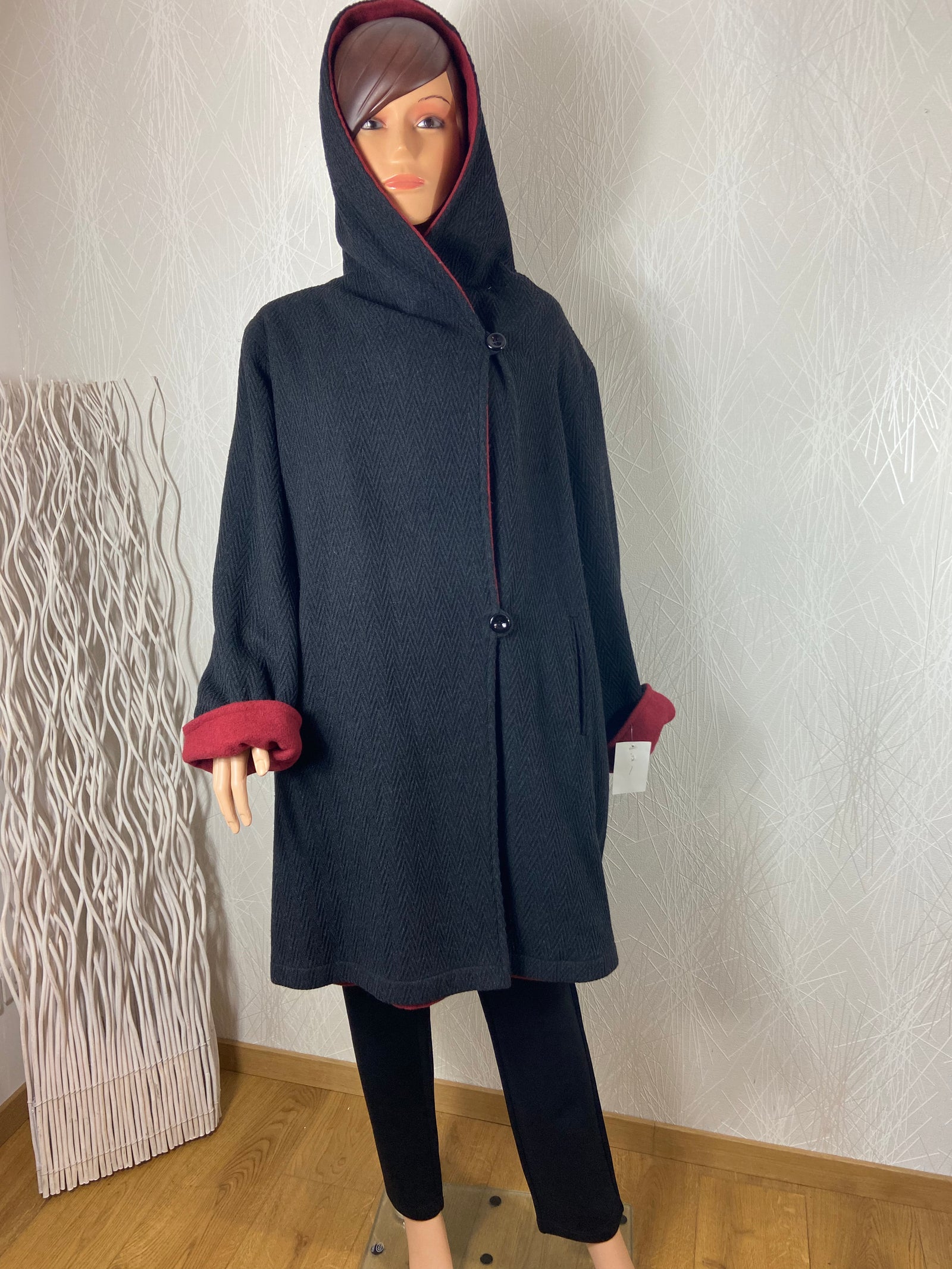 Manteau chaud laine capuche réversible rouge bordeaux ou noir grande taille Edmond Boublil