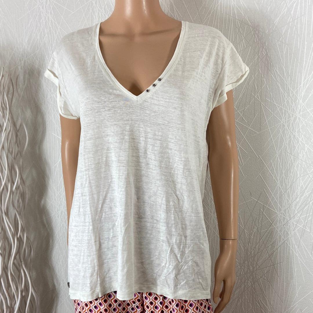 T-shirt femme en lin col V 100% lin Substance Biarritz - Offre-Unique