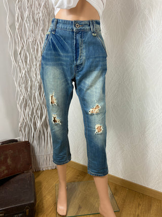 Pantacourt en coton denim jean delavé déchiré taille haute coupe mom Remixx Vintage