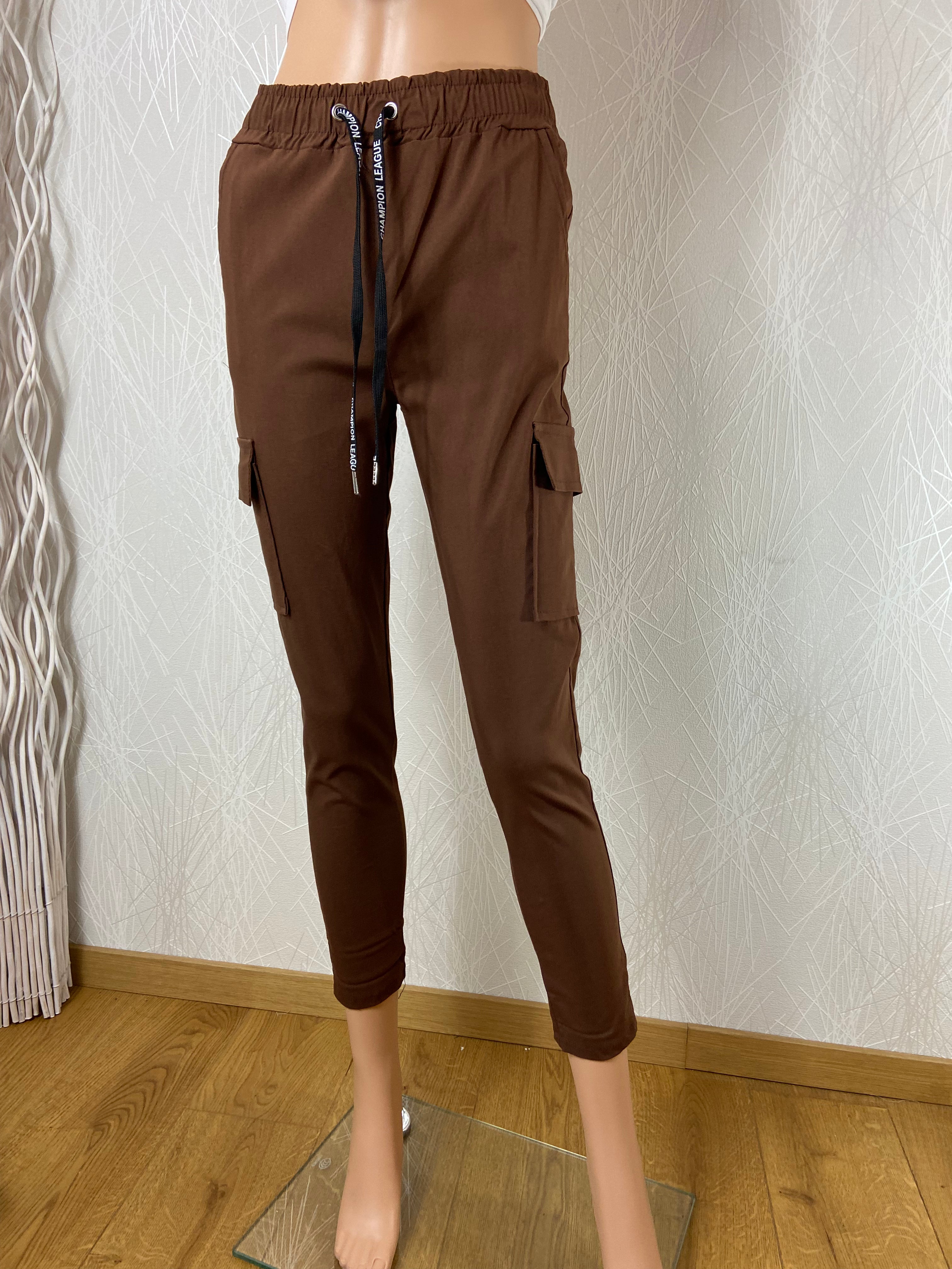 Pantalon brun taille haute coupe slim élastique - Offre-Unique