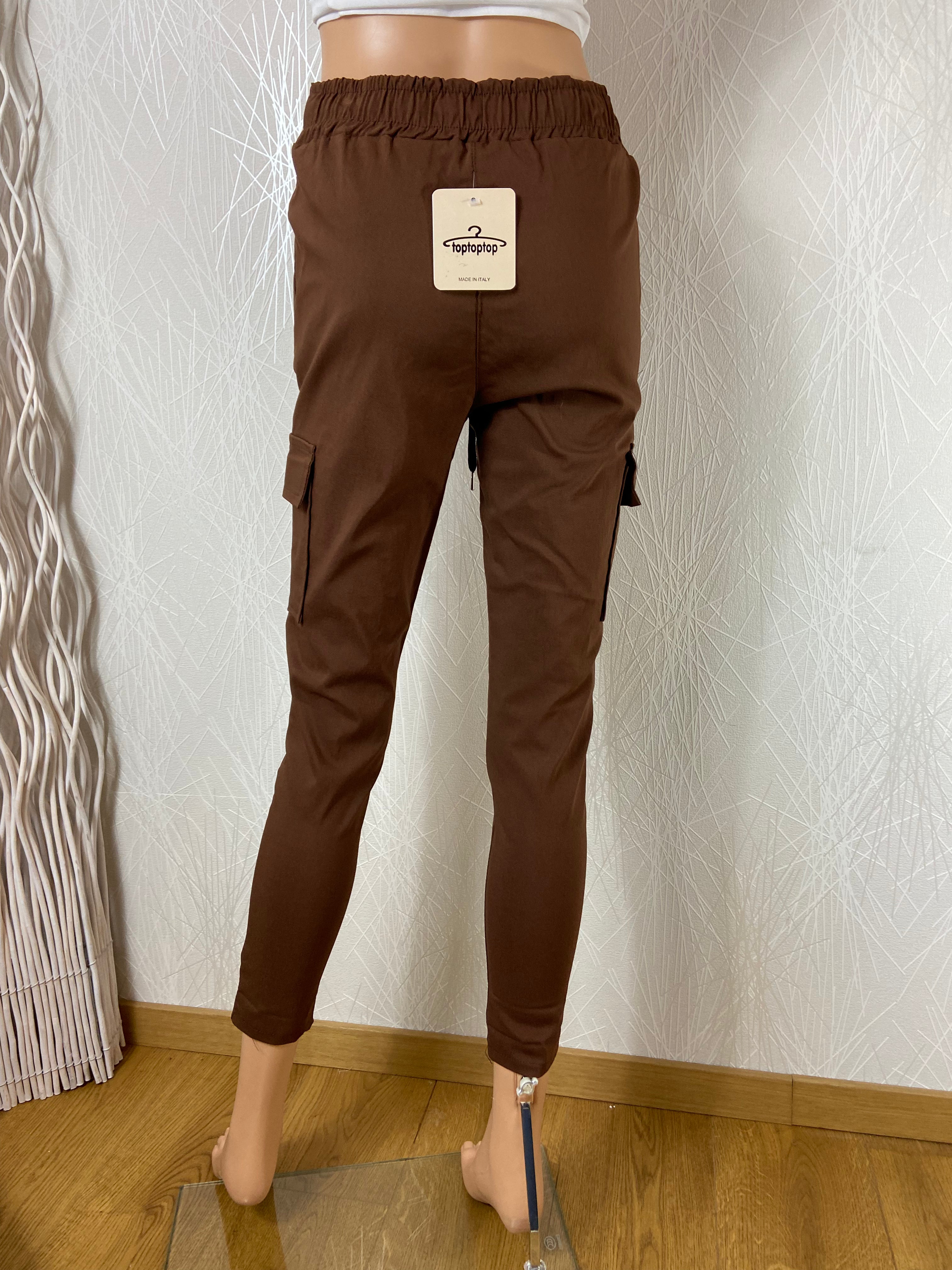 Pantalon brun taille haute coupe slim élastique - Offre-Unique