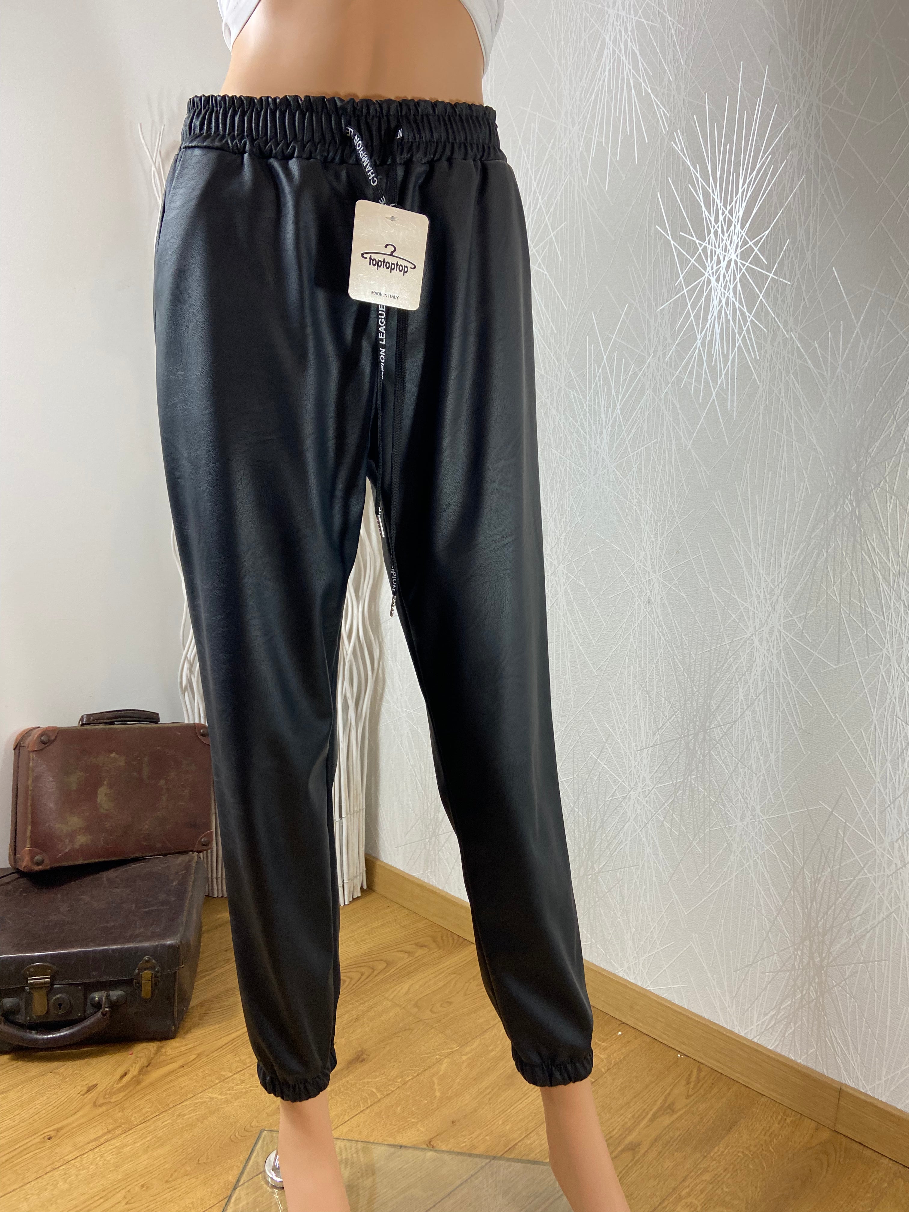 Pantalon noir simili cuir taille haute élastique cordon - Offre-Unique