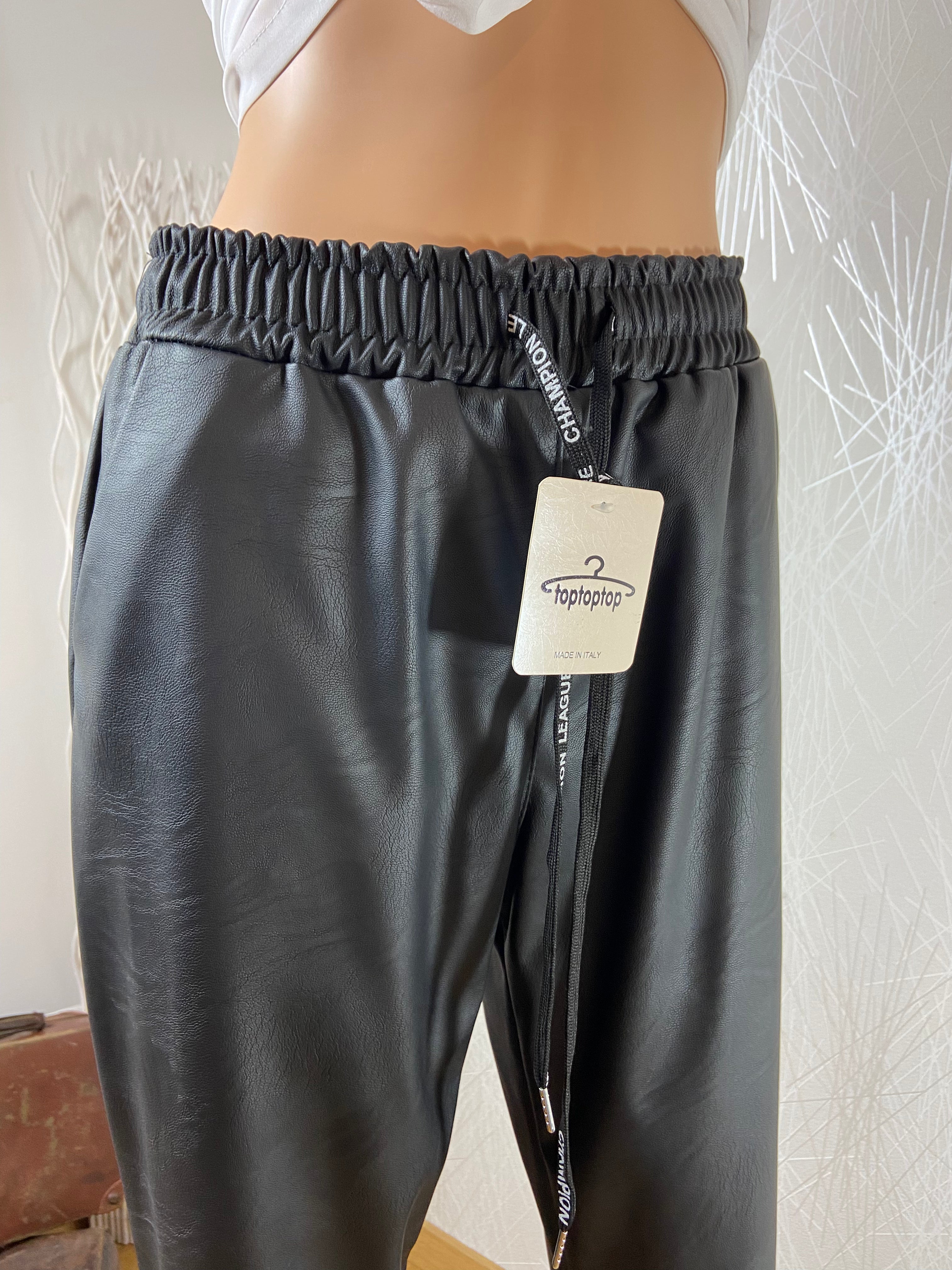 Pantalon noir simili cuir taille haute élastique cordon - Offre-Unique