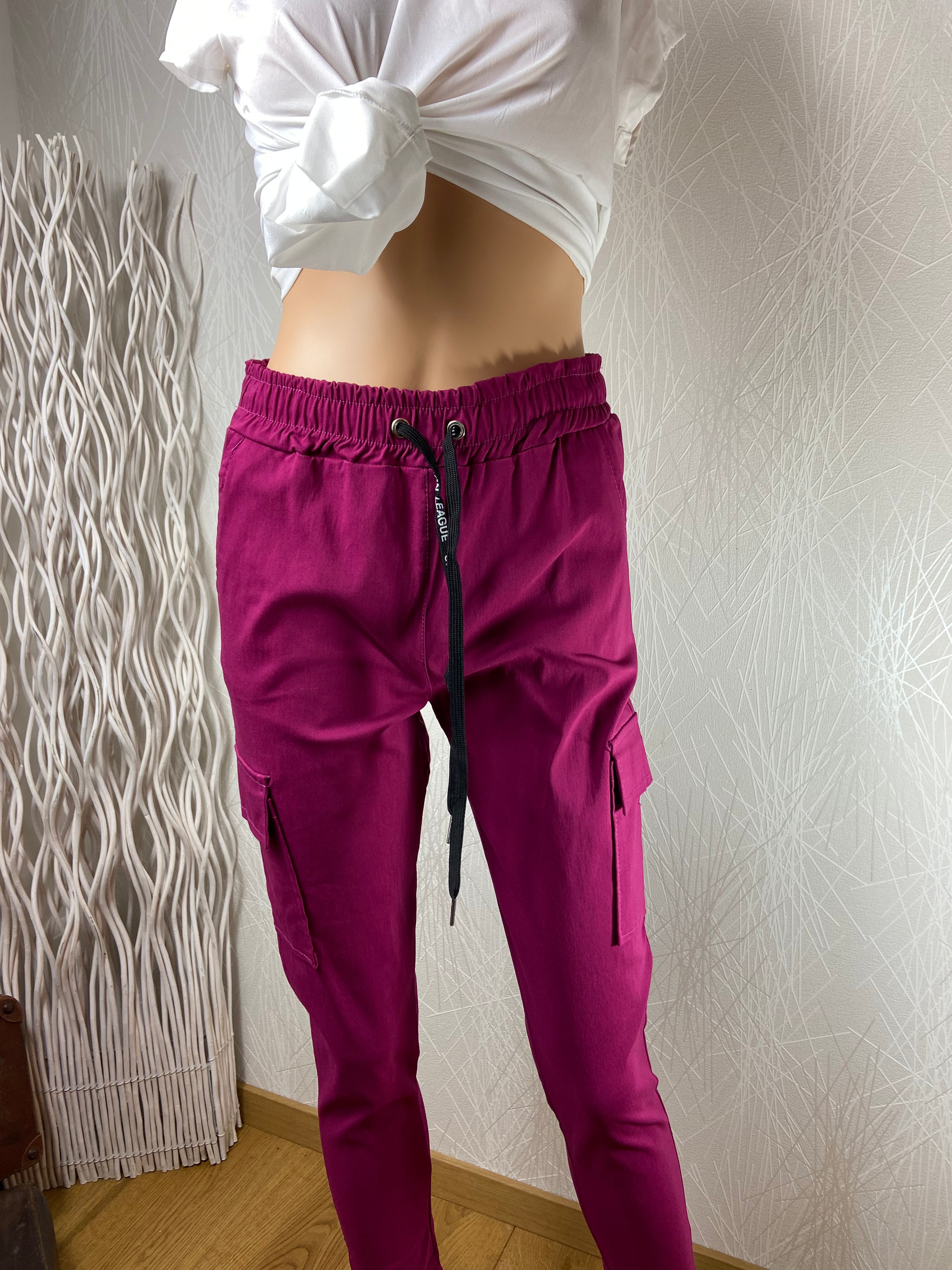 Pantalon rose confortable slim taille haute élastique - Offre-Unique