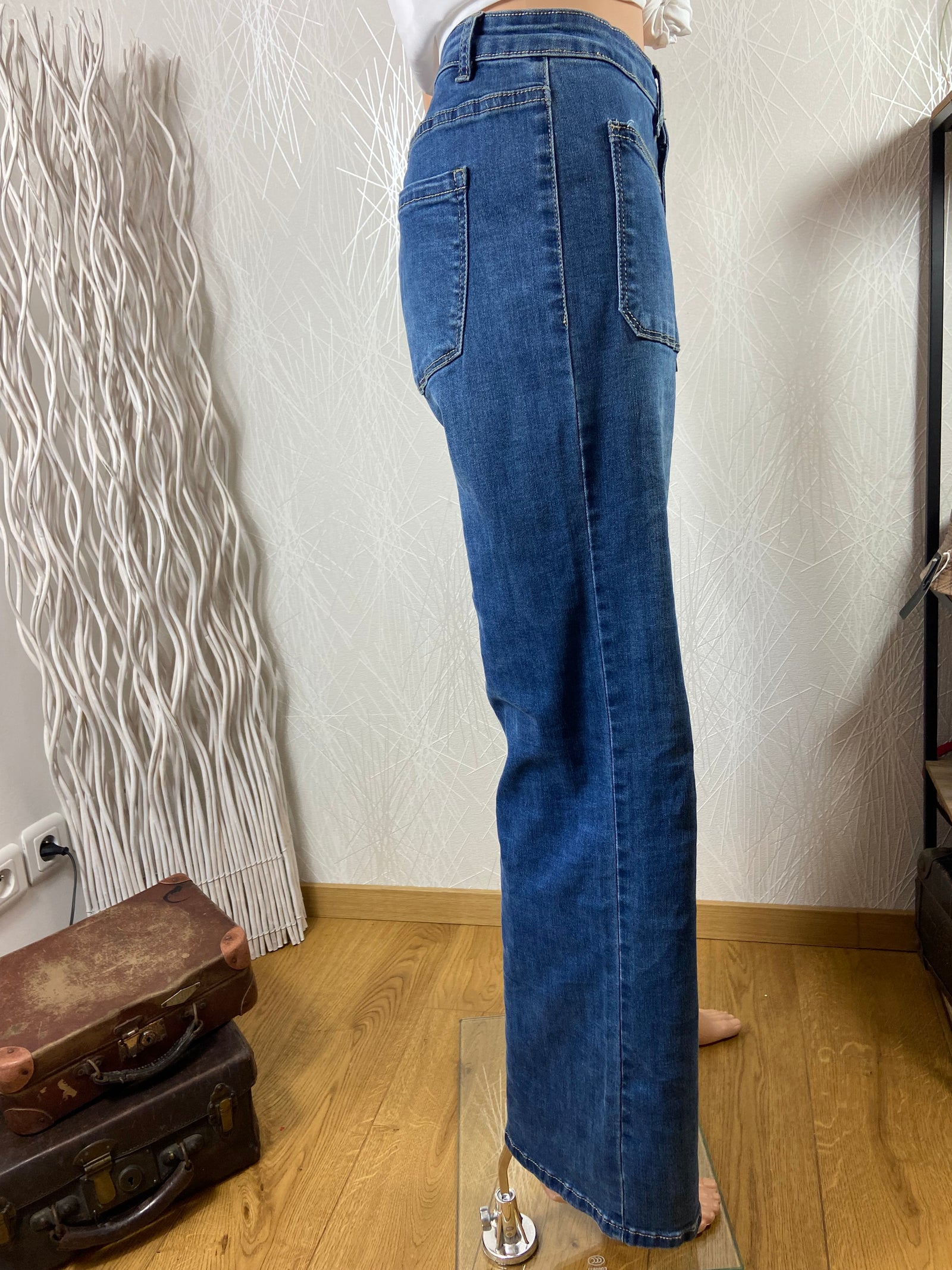 Jeans Vintage Évasé Flare Taille Haute Vintage Effet Usé Stretch Nina Carter