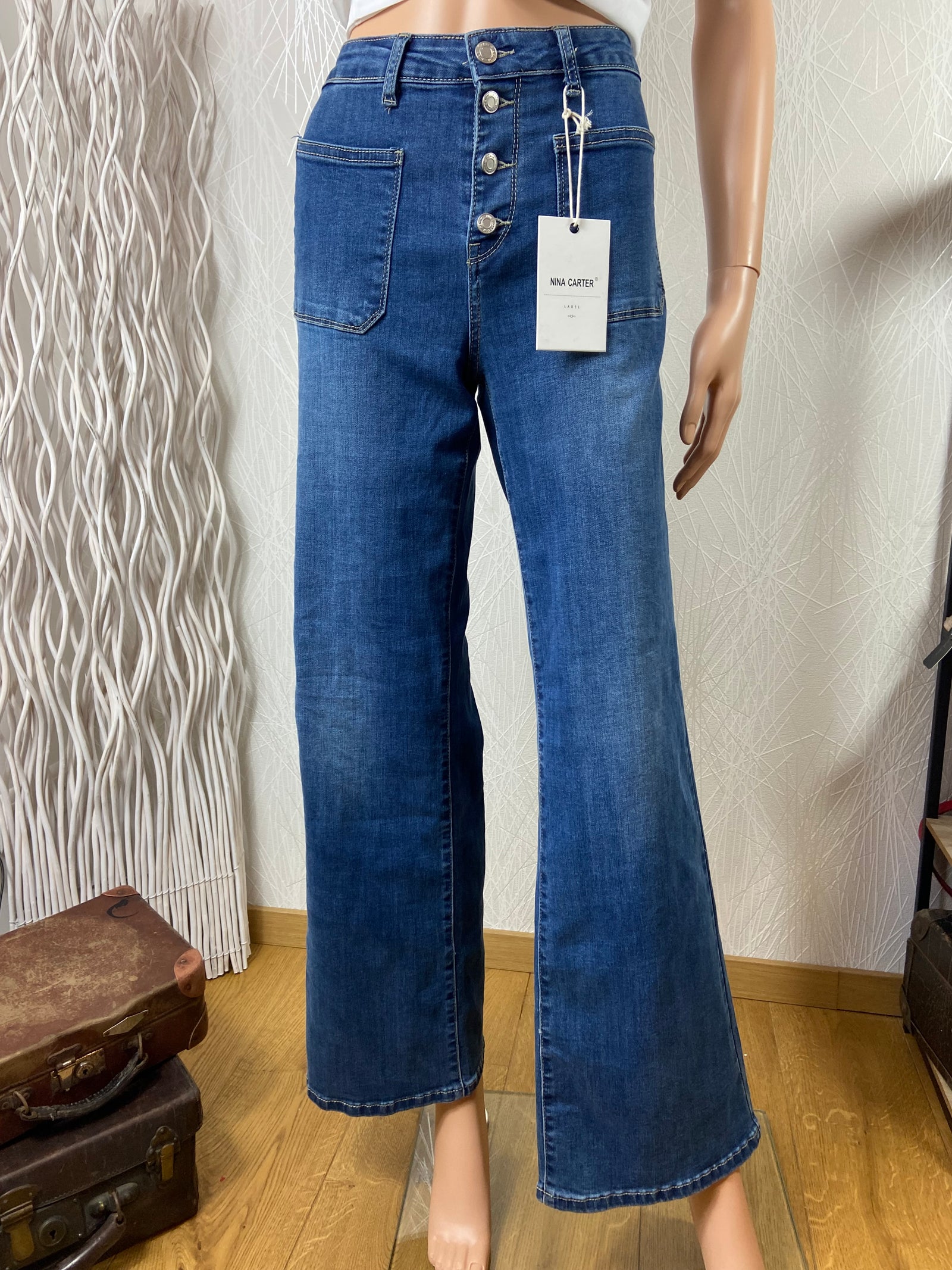 Jeans Vintage Évasé Flare Taille Haute Vintage Effet Usé Stretch Nina Carter