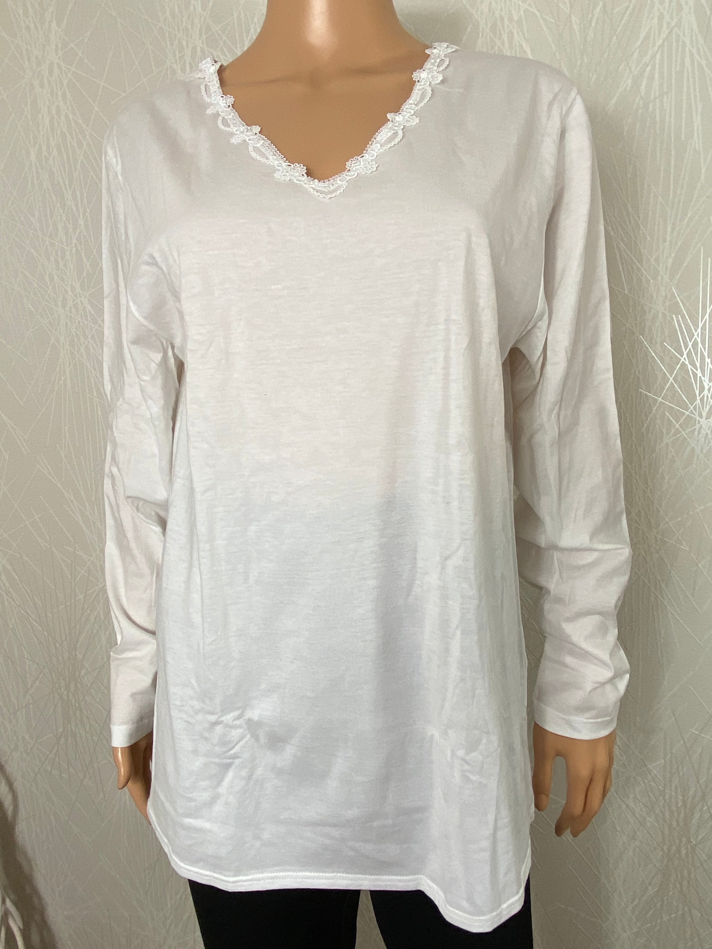 Maillot de corps femme dentelle manches longues coton blanc Armor Lux - Offre-Unique
