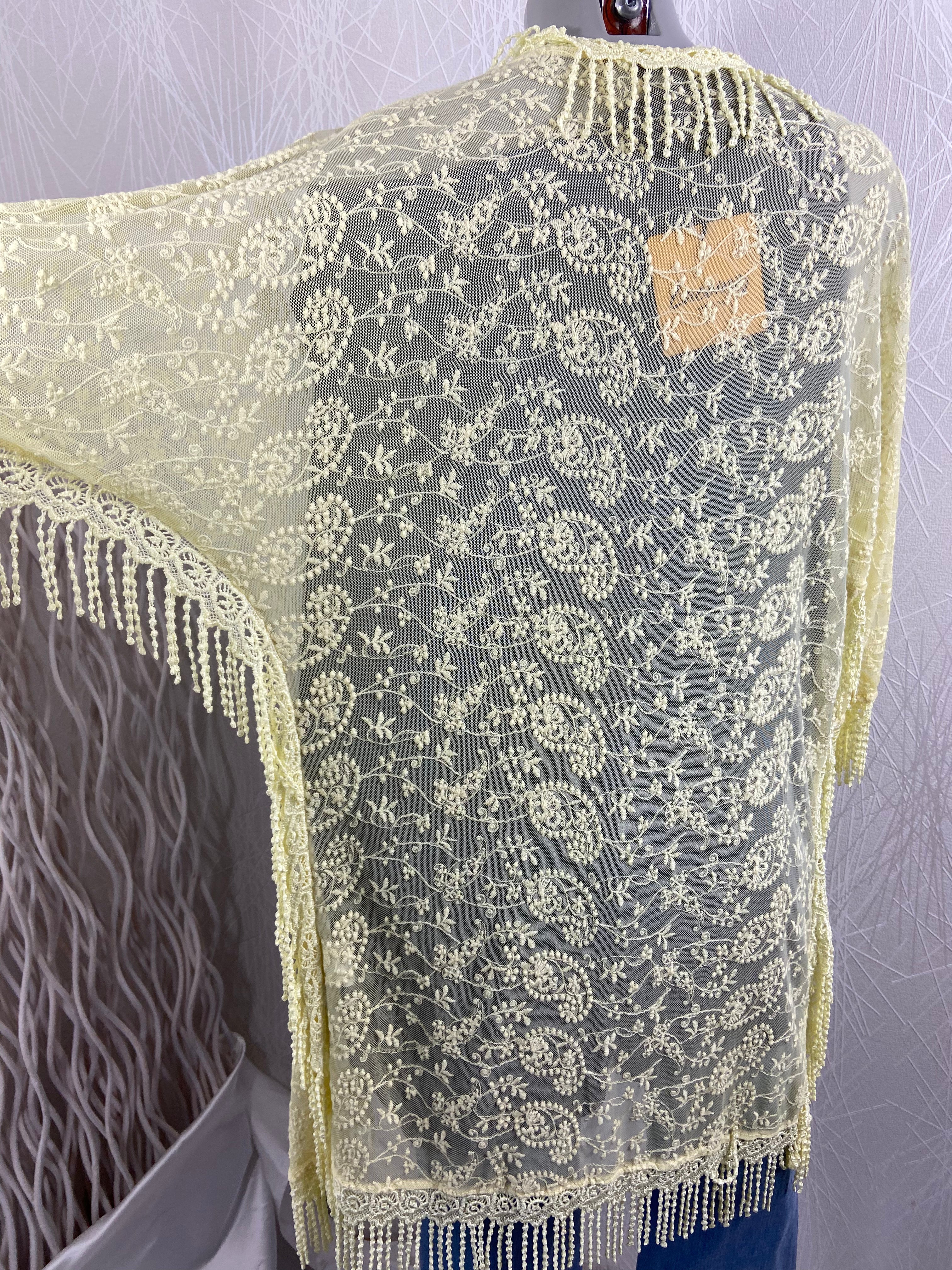 Gilet jaune long transparent dentelle franges Lacomy Taille