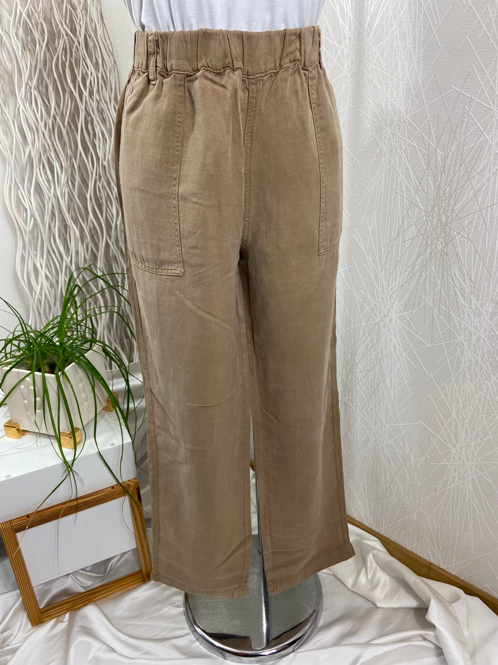 Pantalon lin léger brun sable taille élastique confortable MKT