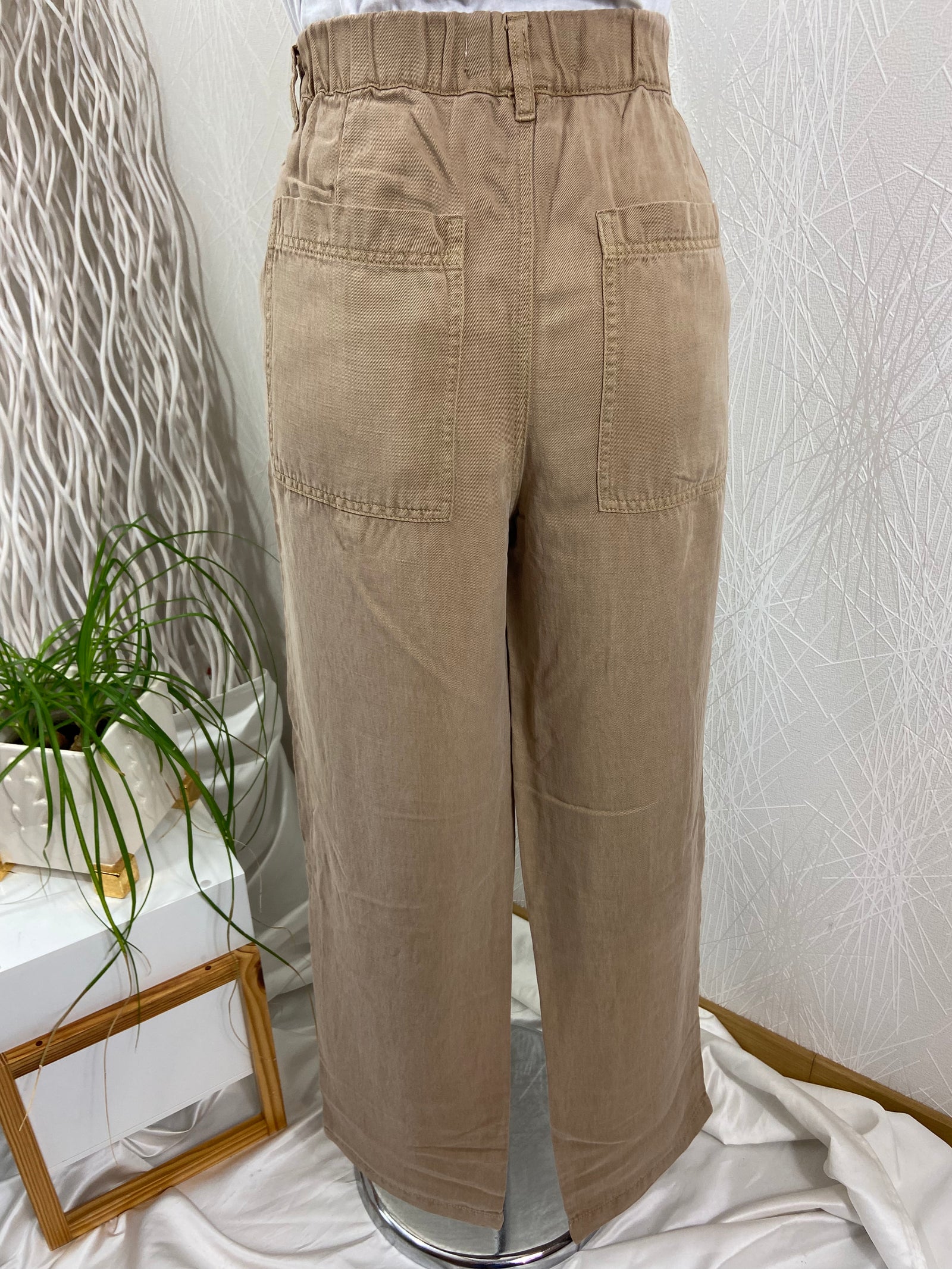 Pantalon lin léger brun sable taille élastique confortable MKT