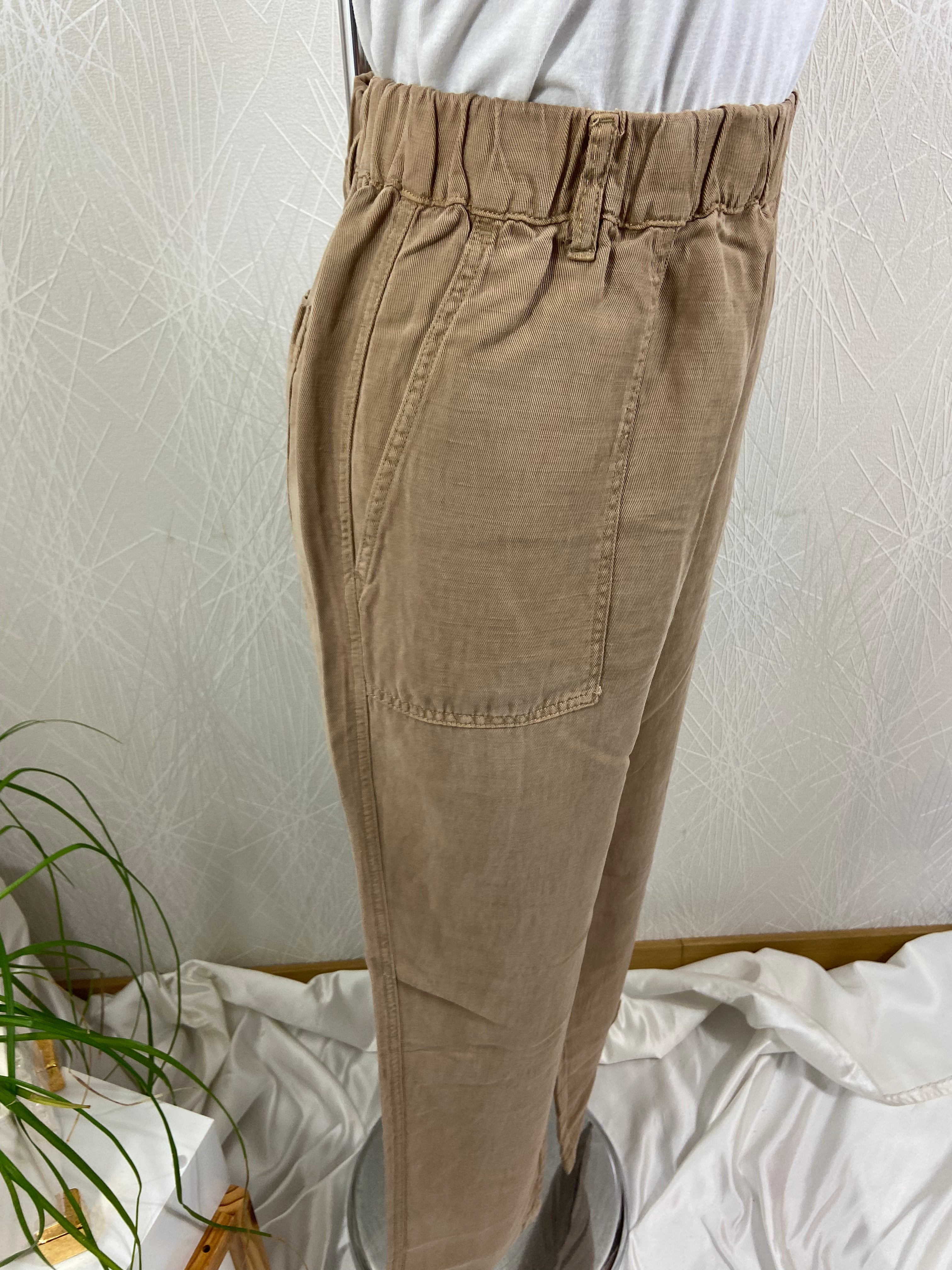 Pantalon lin léger brun sable taille élastique confortable MKT