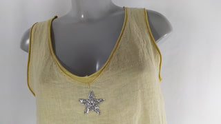 T-shirt lin coton sans manches col V, étoile en strass  Coutureve