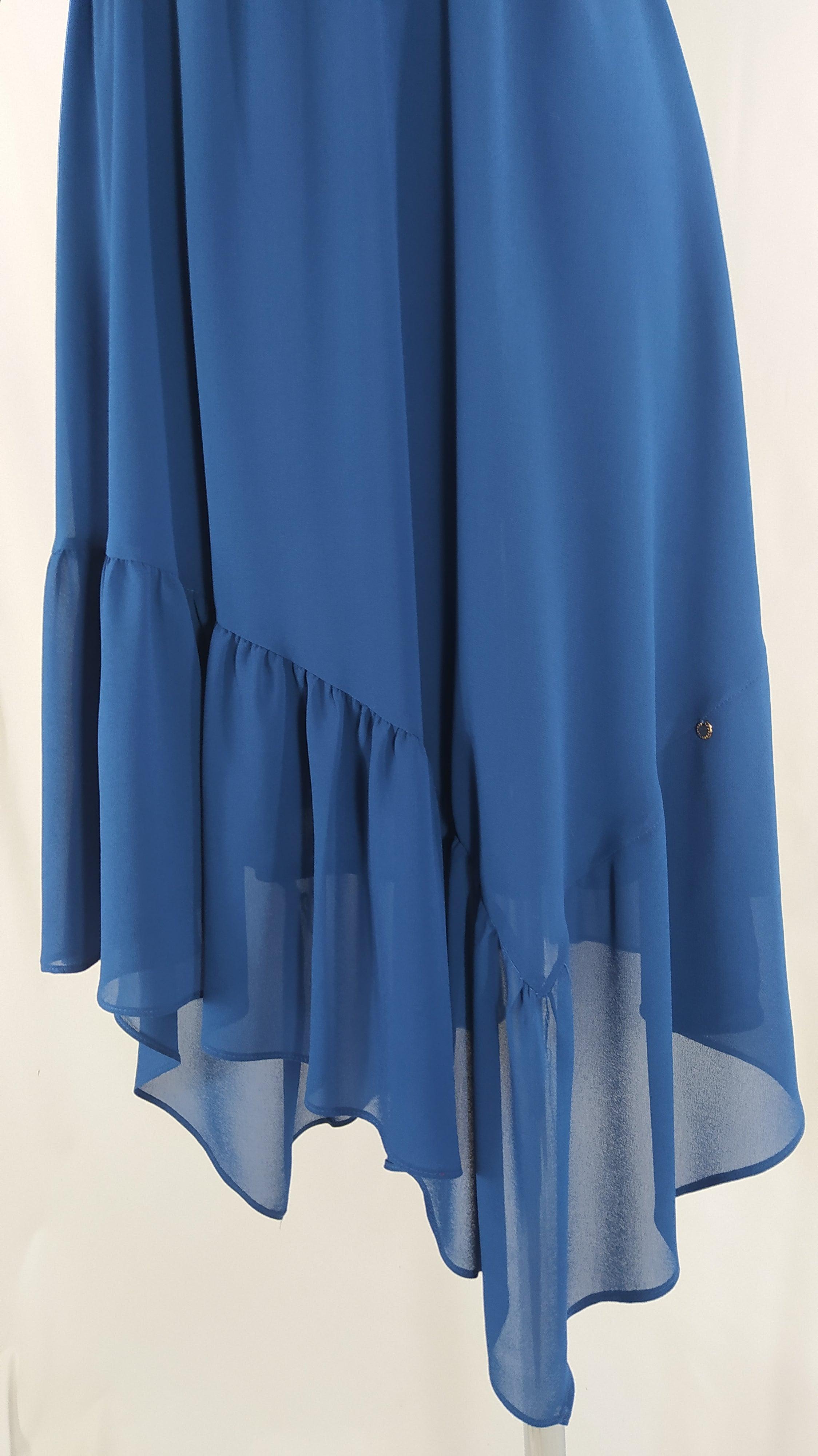 Robe bleue doublée asymétrique mi-longue manches courtes Christina Barros - Offre-Unique