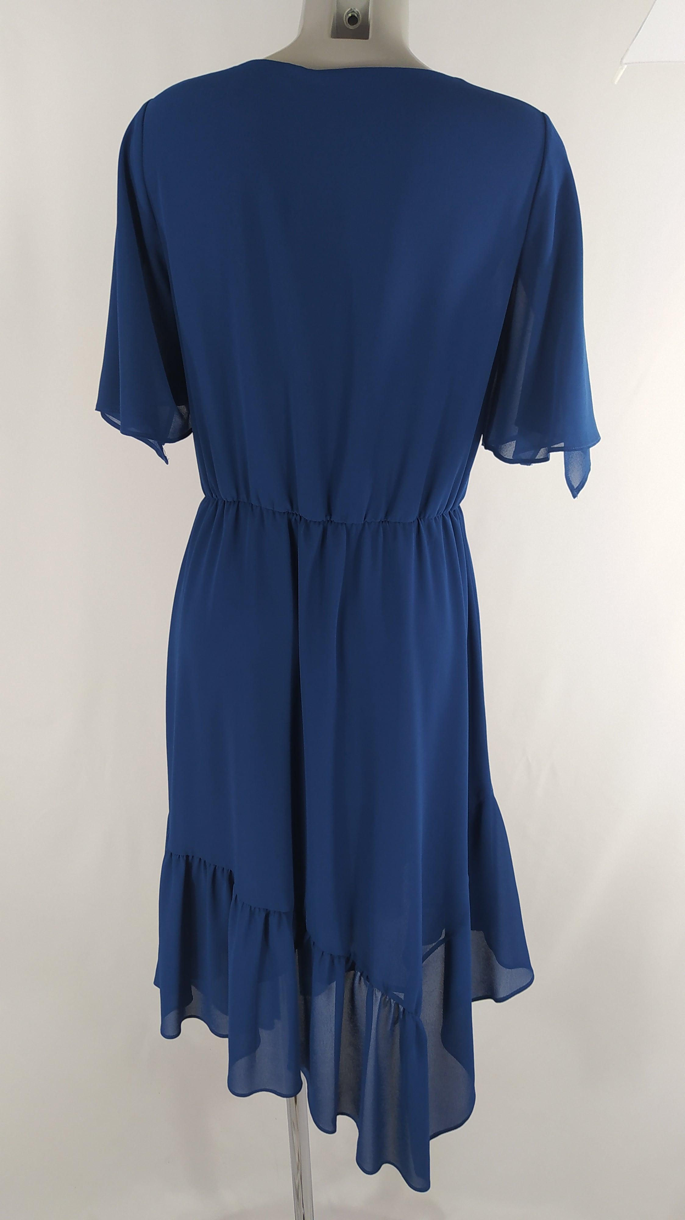 Robe bleue doublée asymétrique mi-longue manches courtes Christina Barros - Offre-Unique