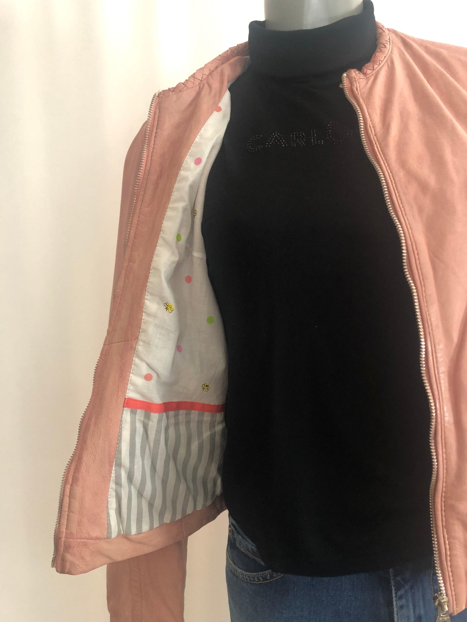 Veste rose en cuir coupe slim ajustée entièrement doublée Gispy - Offre-Unique