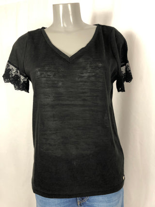 T-shirt noir dentelle tissu effet lin Deeluxe