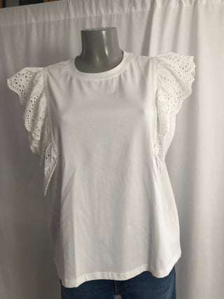 T-shirt blanc sans manches volants broderies coton Desires
