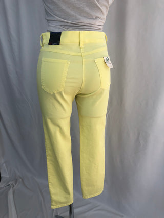 Pantalon jaune coton 7/8 taille haute coupe étroite slim fit strass marque Toni