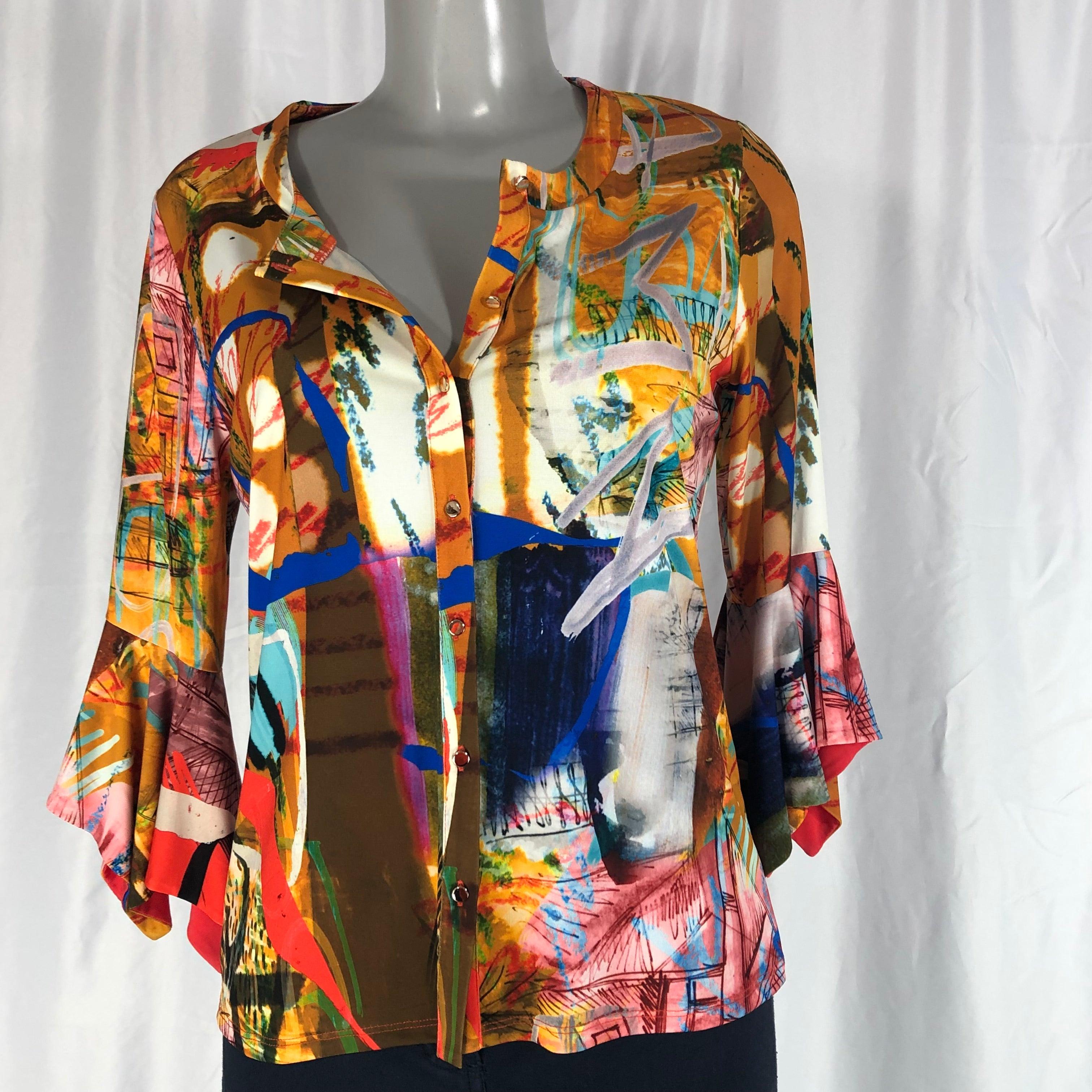 Blouse manches longues à imprimé artistique Bleu d'Azur