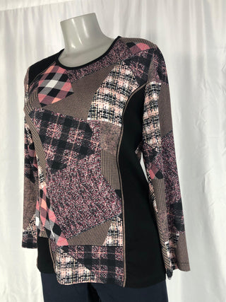 Haut rose et noir manches longues jersey motifs géométriques Guy Dubouis