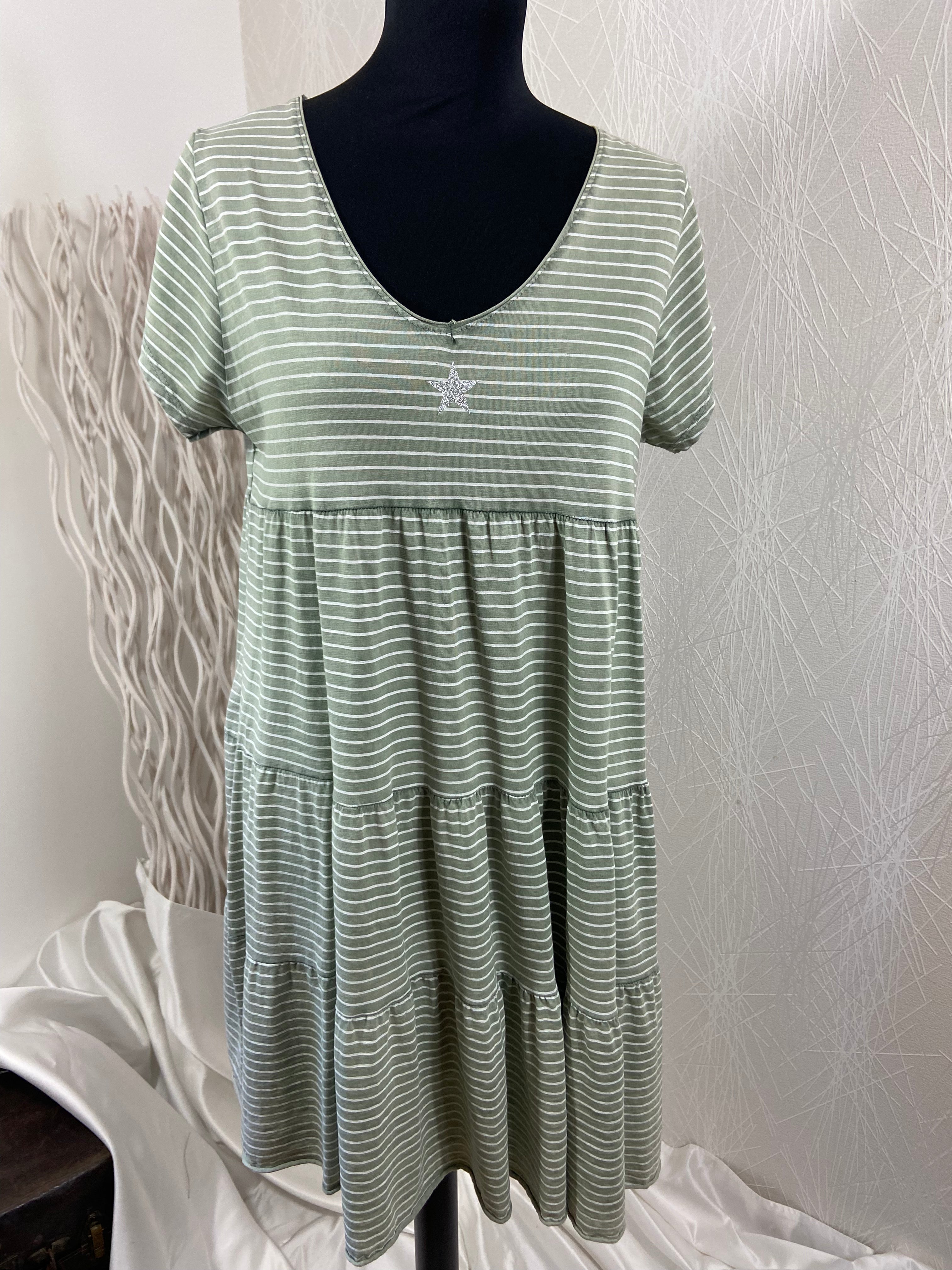 Robe midi coton vert rayures manches courtes étoile Made In Italy