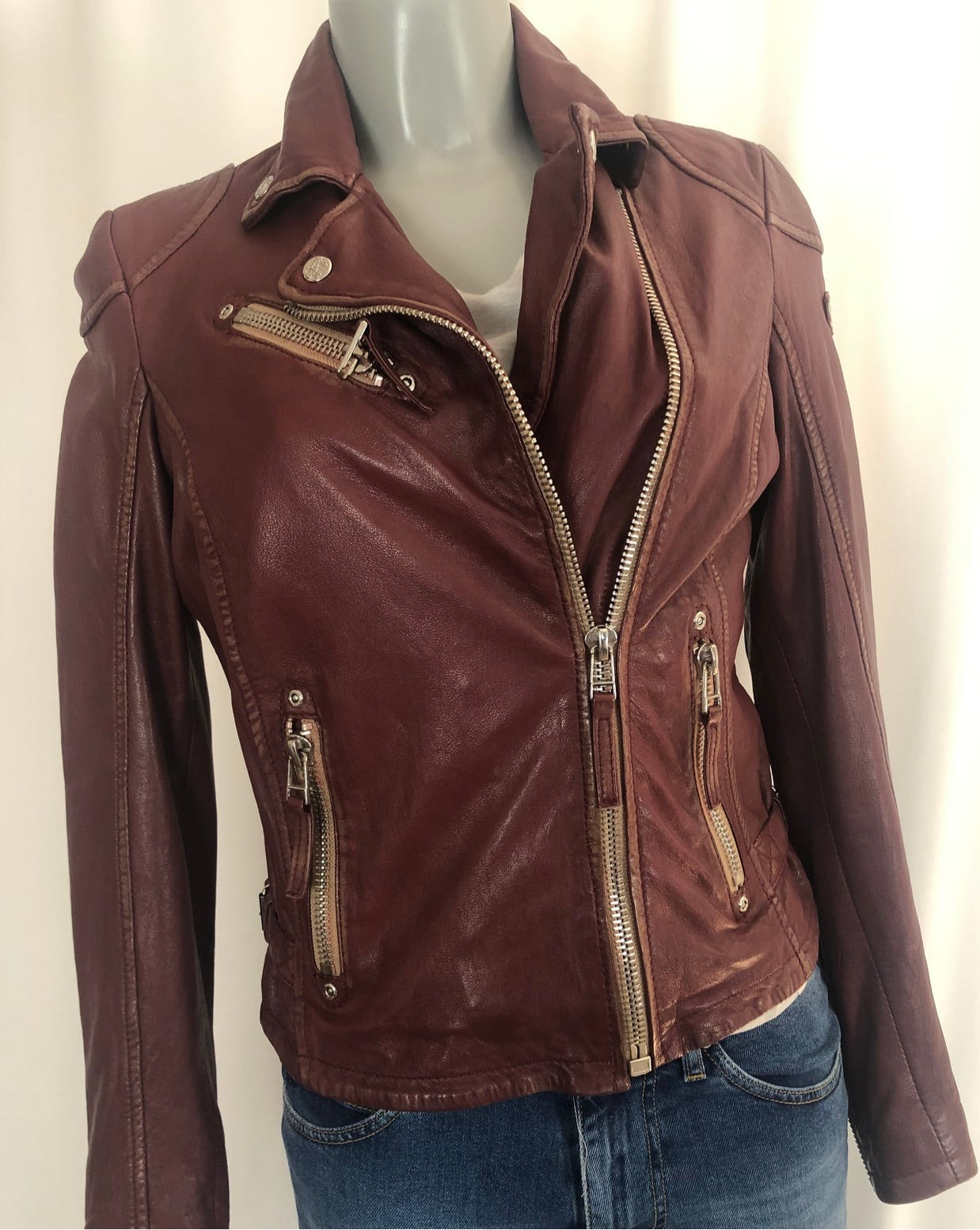 Blouson femme perfecto cuir rouge bordeaux doublure coton Gipsy