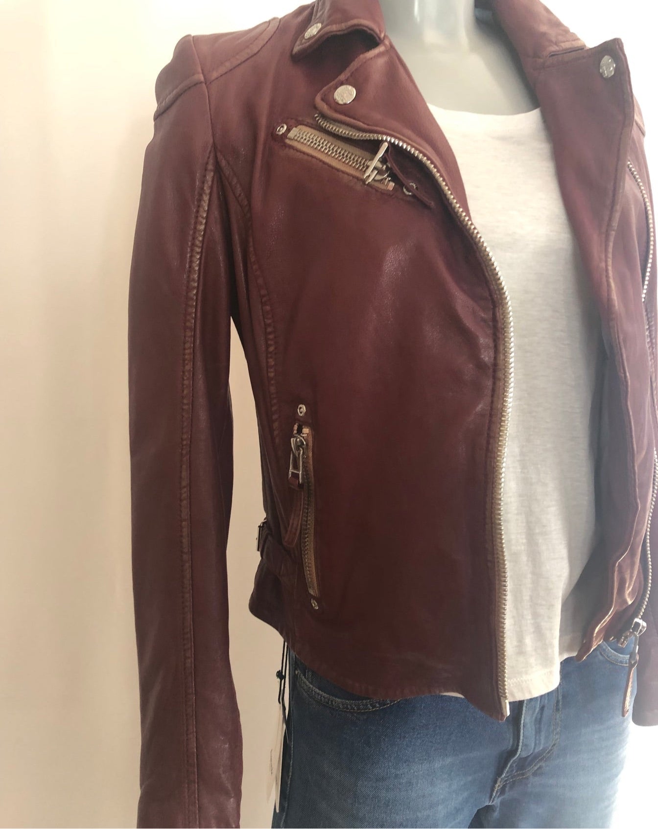 Blouson femme perfecto cuir rouge bordeaux doublure coton Gipsy