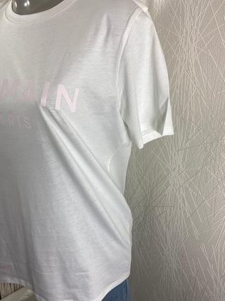 T-shirt femme blanc et rose Balmain Paris