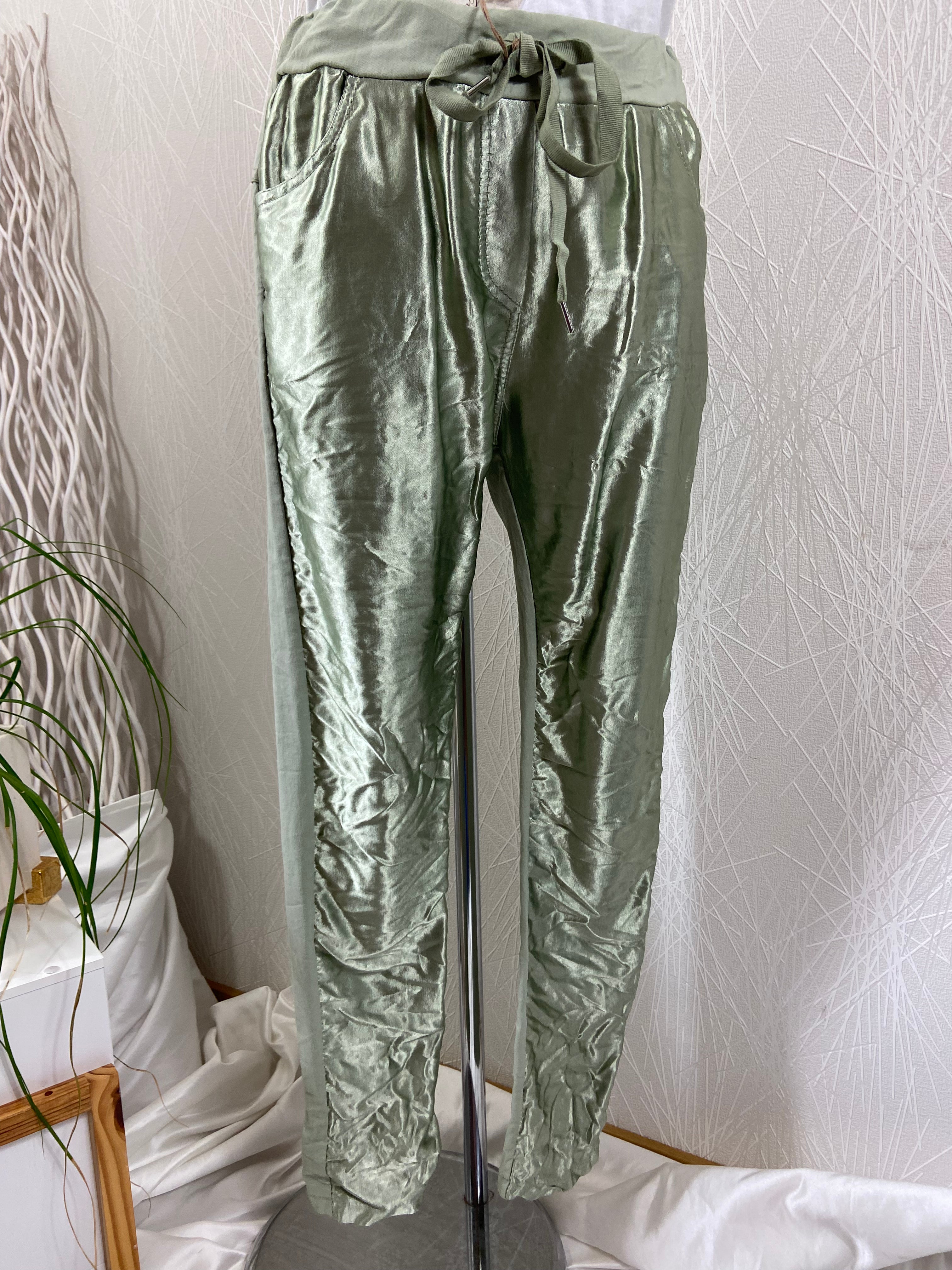 Pantalon vert face avant satinée effet froissé Crème Bohème - Taille Unique - Offre-Unique