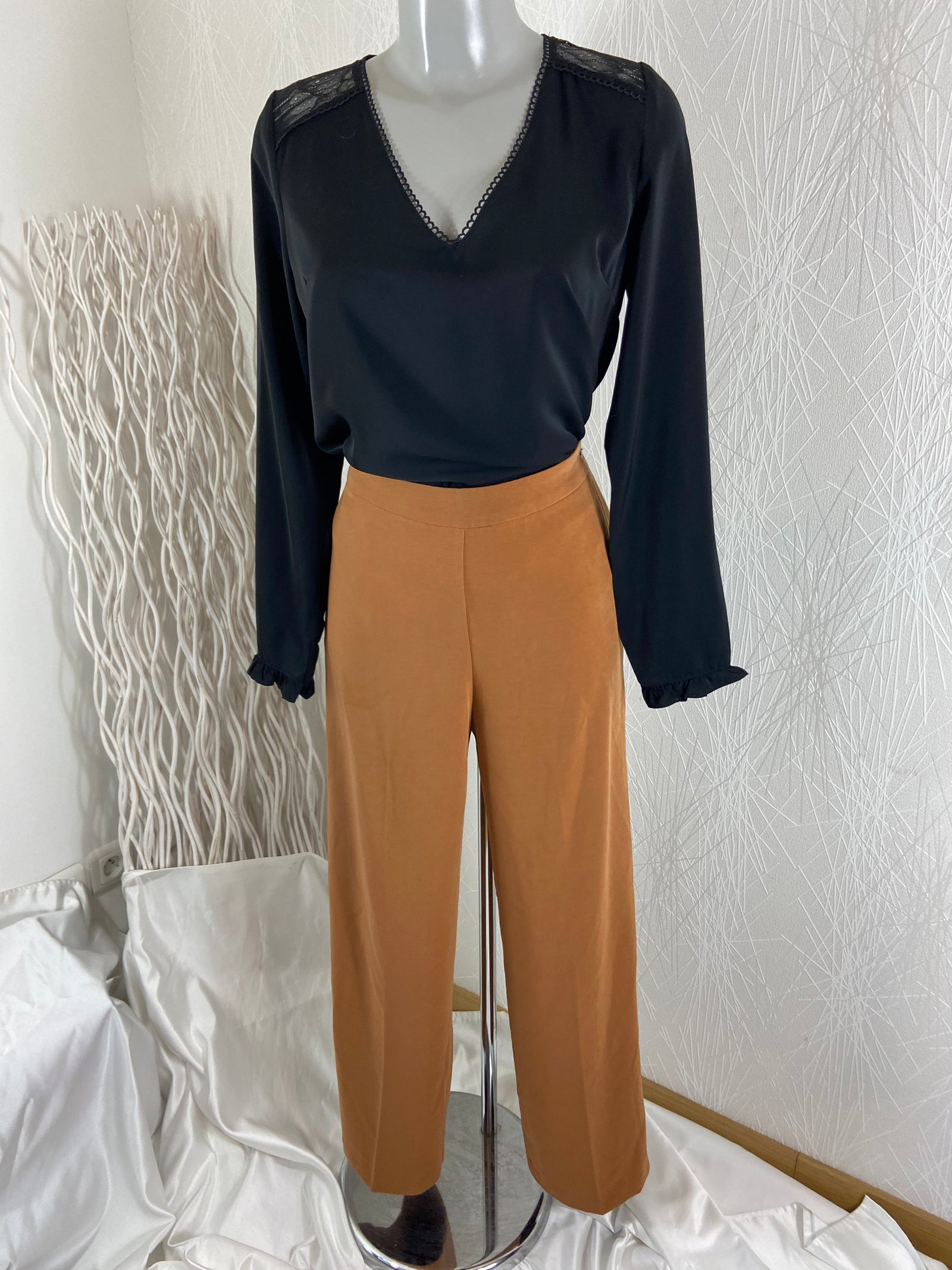 Pantalon large brun caramel fermeture latérale Y Coo