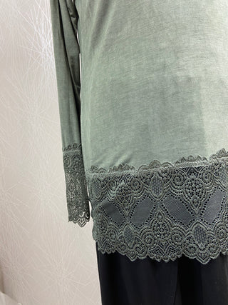 T-shirt dentelle manches longues col V vert kaki - Taille Unique
