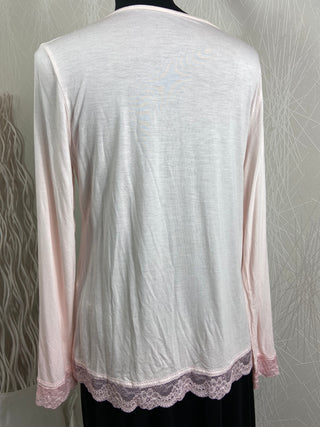 T-shirt rose pâle dentelle manches longues col V - Taille Unique