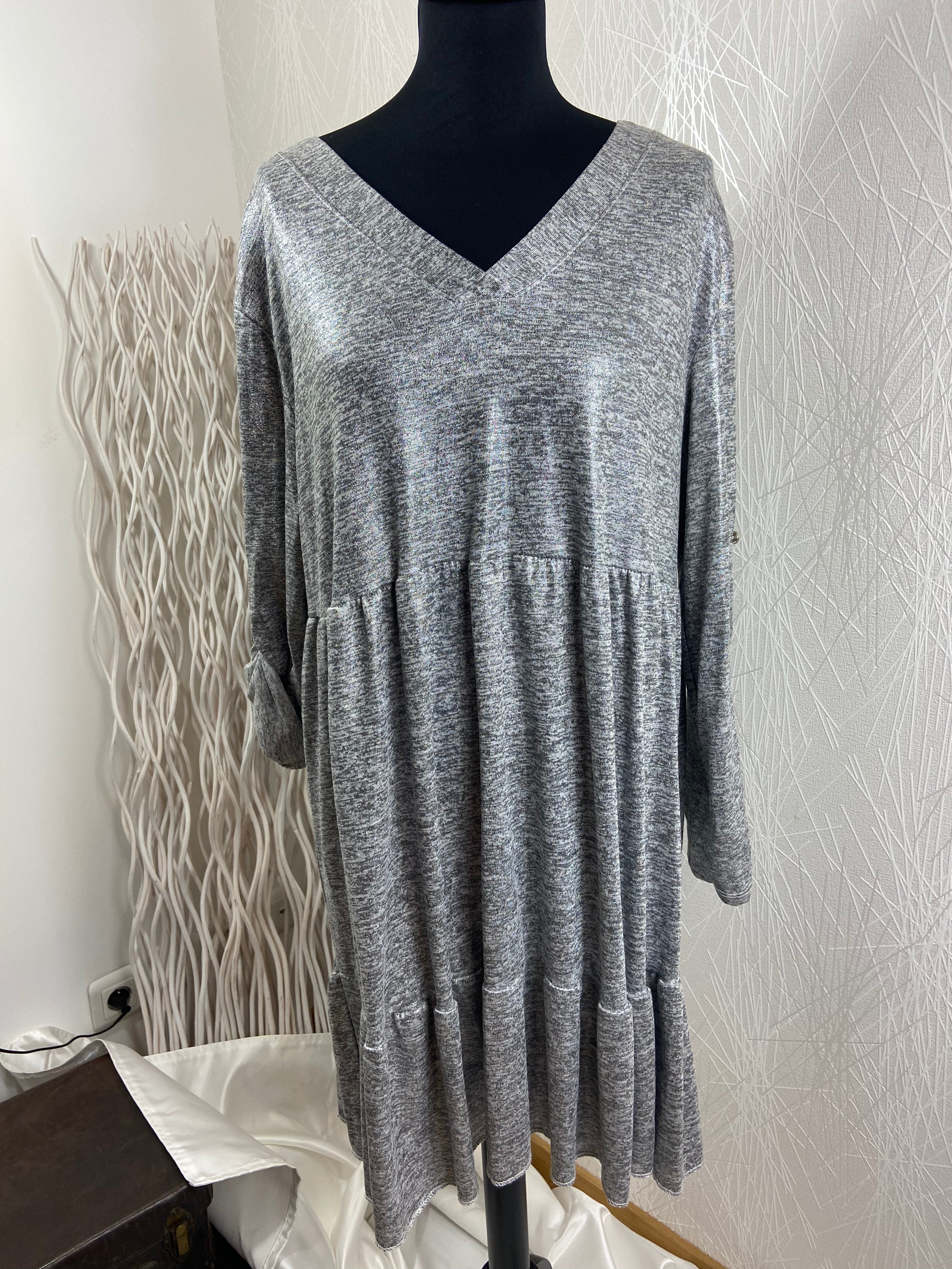 Robe plissée gris argenté manches longues grande taille Made In Italy - Offre-Unique